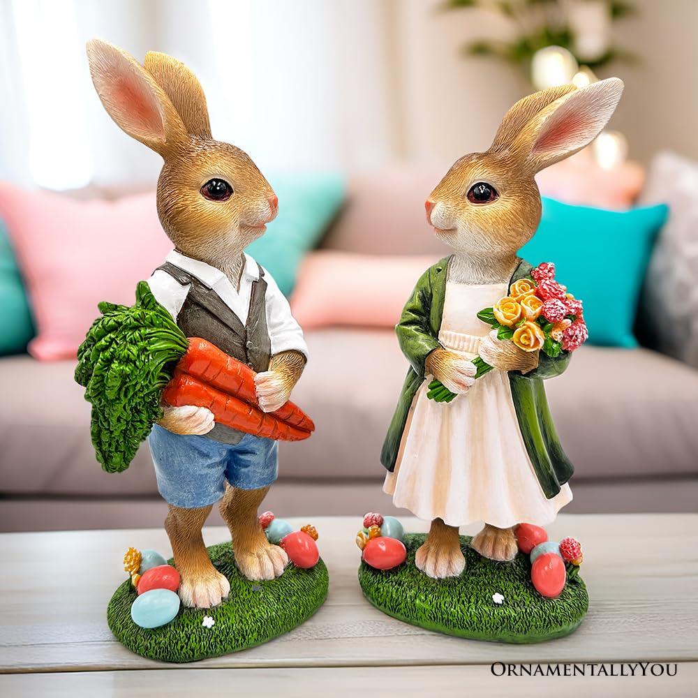 Harvest and Bloom Country Bunny Pair Figurine, 8" Rabbit Garden Statue Set| OrnamentallyYou
