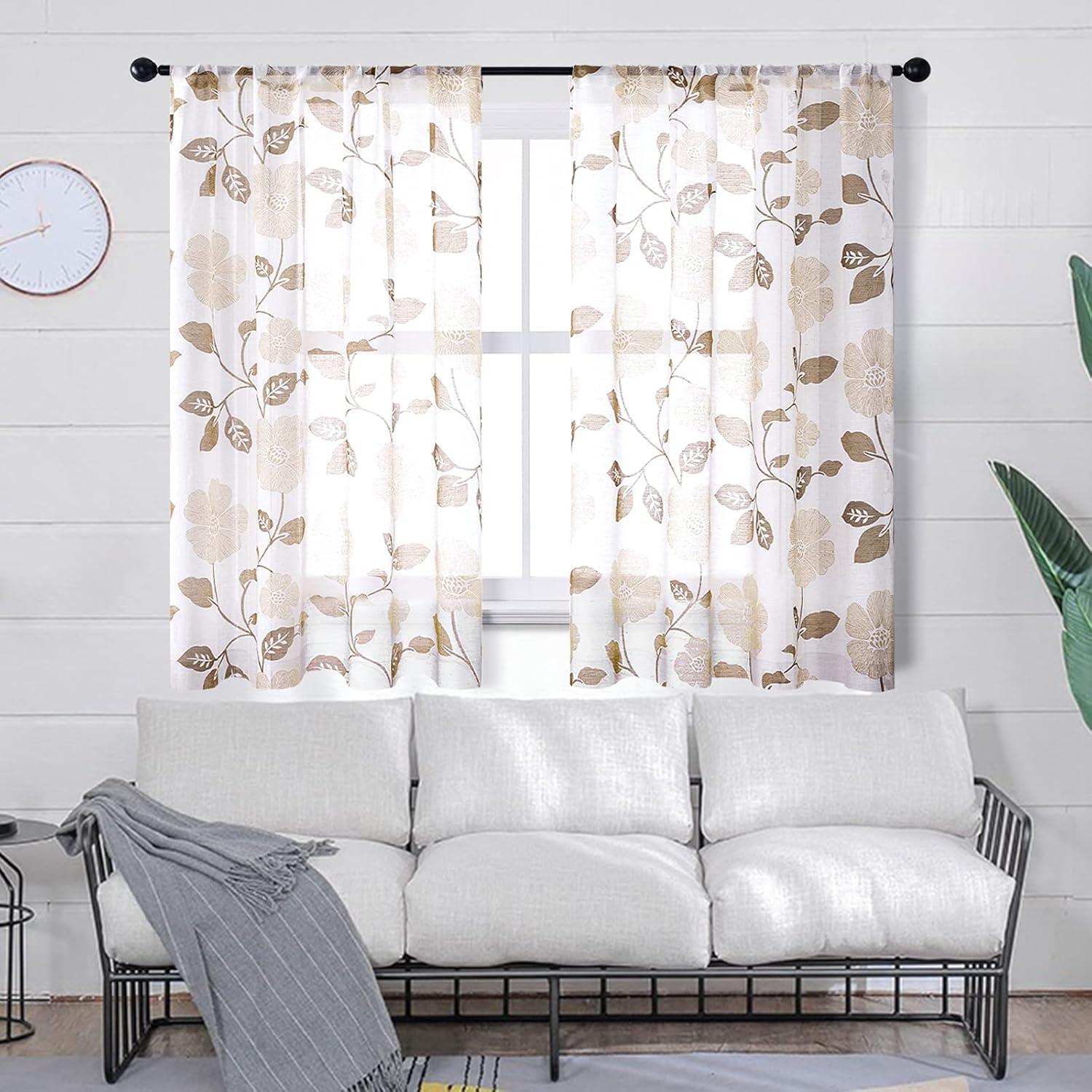 MRTREES Sheer Curtain Panels, Voile Sheer Curtains Drapes Rod Pocket, Flower Printed Embroidery Window Curtain Treatments for Bedroom Living Room Bathroom Window(2 Panels, 54x45 Inches, Brown)