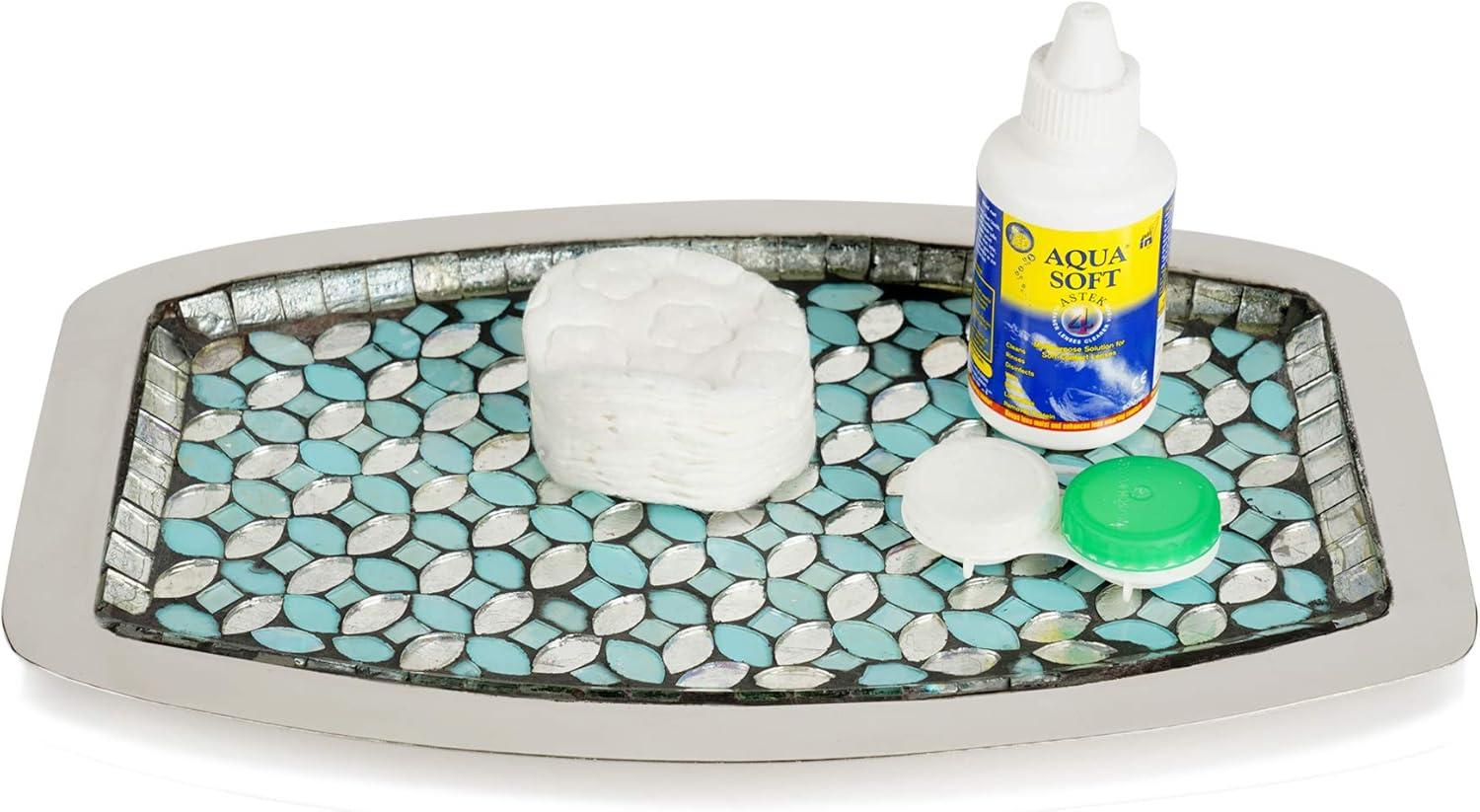 nu steel Sea Foam Bright-Colored Mosaic Glass/stainless steel Vanity Tray Organizer for Makeup Brushes, Tissues, Candles, Soap, Hand Towels, Toilet Paper Storage, Mosaic Glass / steel (SF10H)