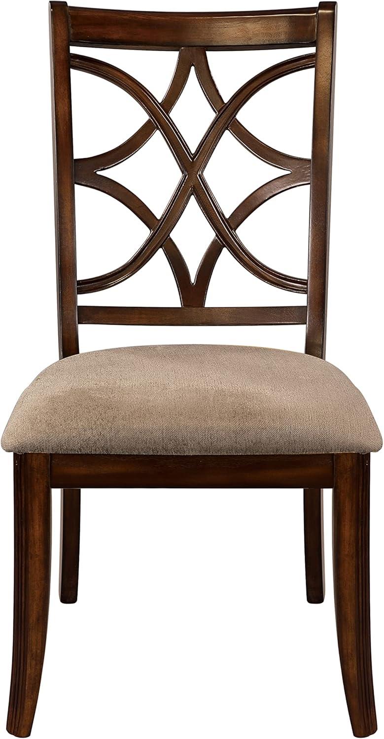 Solid Wooden Side Chair With Beige Fabric Seat, Cherry Brown and Beige (Set Of 2)- Saltoro Sherpi
