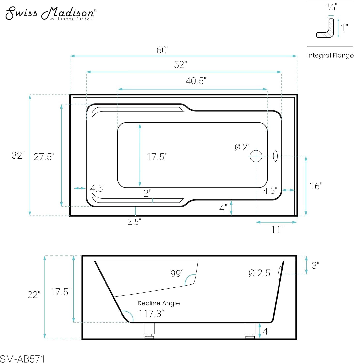 Claire 60" x 32" Alcove Tub with Corner Apron