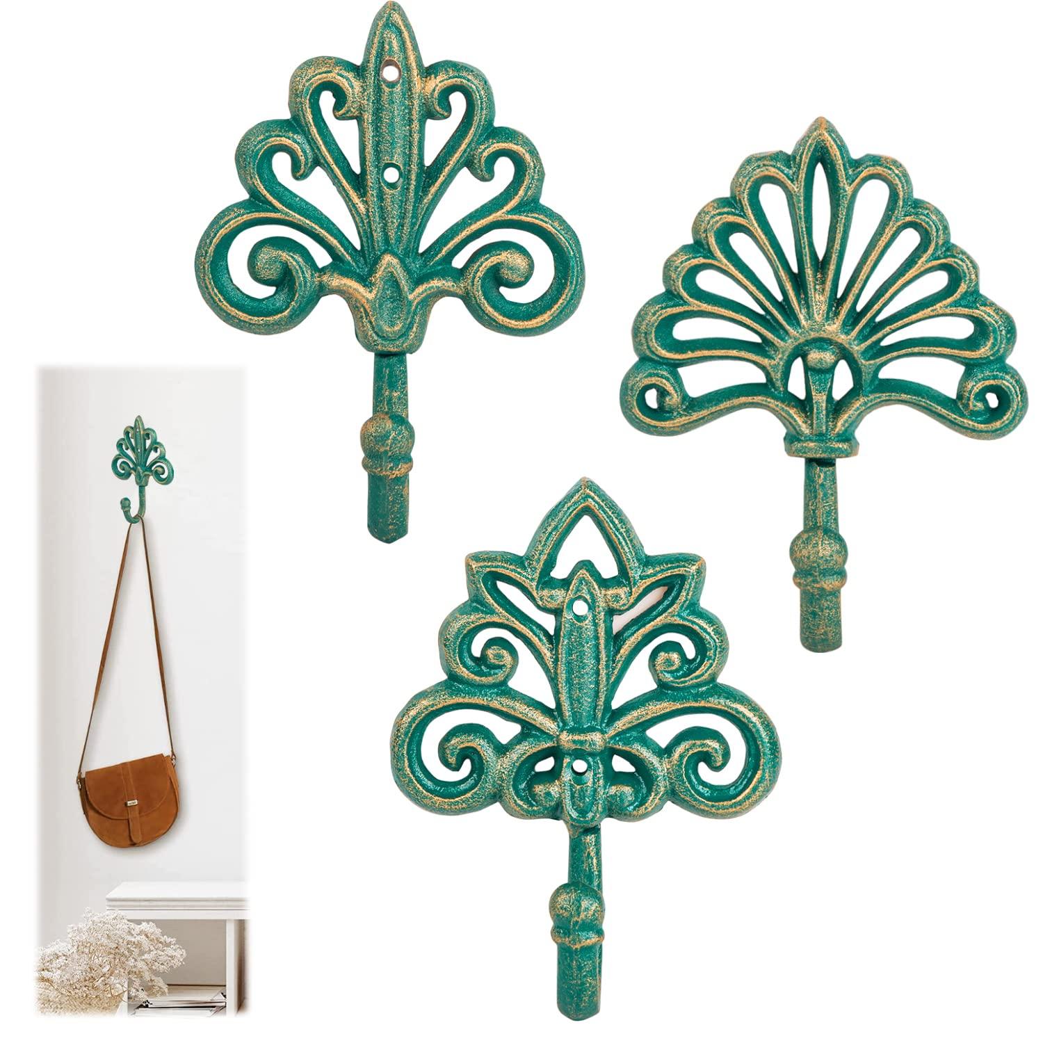 Antique Green Cast Iron Decorative Wall Hooks Set of 3
