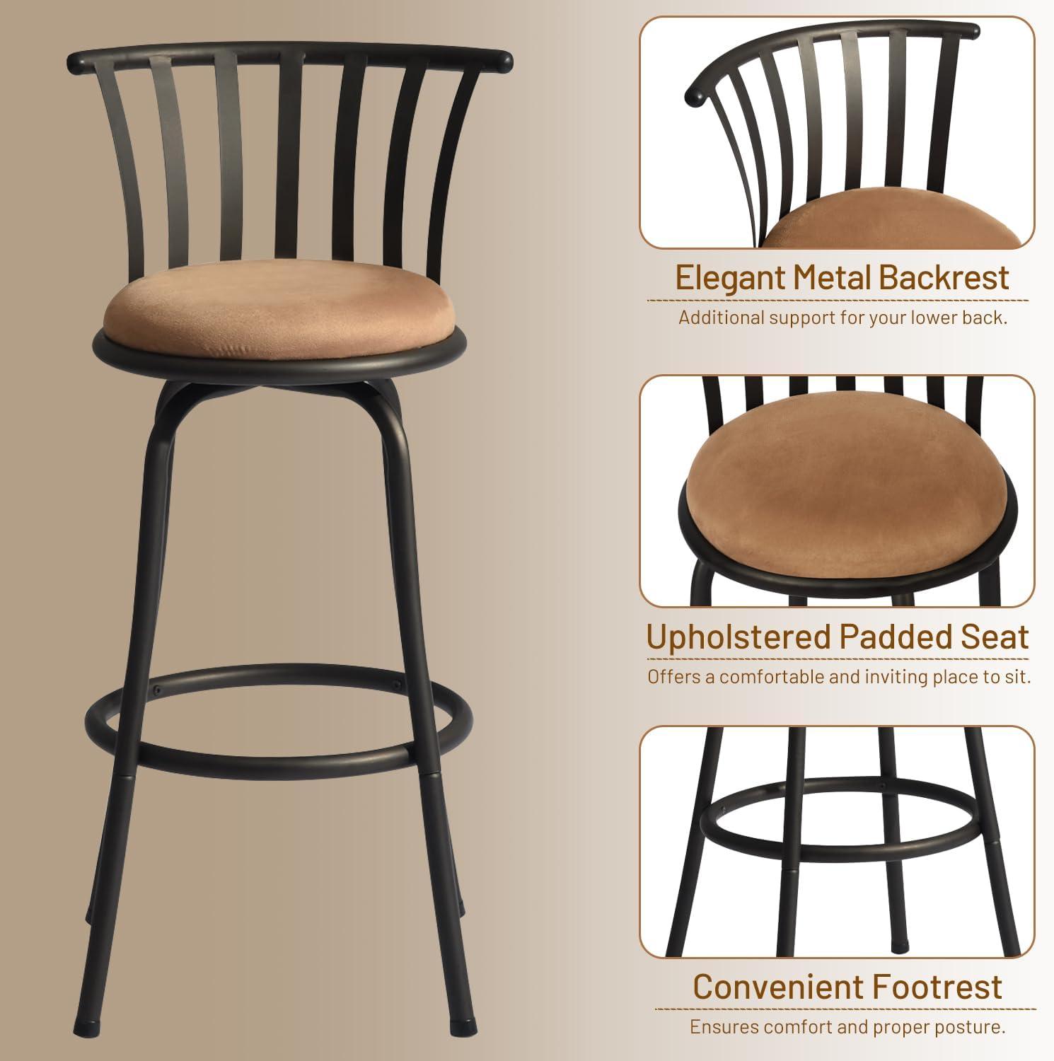 Classic Barstools Set of 2, Country Style Bar Chairs with Back and Footrest Swivel Counter Height Bar Stools for Kitchen Island Pub, Bistro, Restaurant, Rustic Brown and Black (29 Inch)