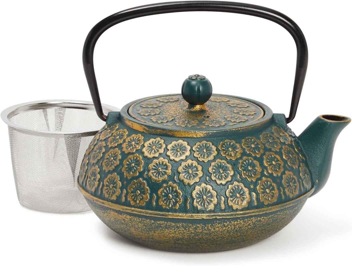 Juvale Green Cast Iron Floral Teapot Kettle with Stainless Steel Infuser Set, Japanese Tea Pot for Kitchen Pantry, 34 oz