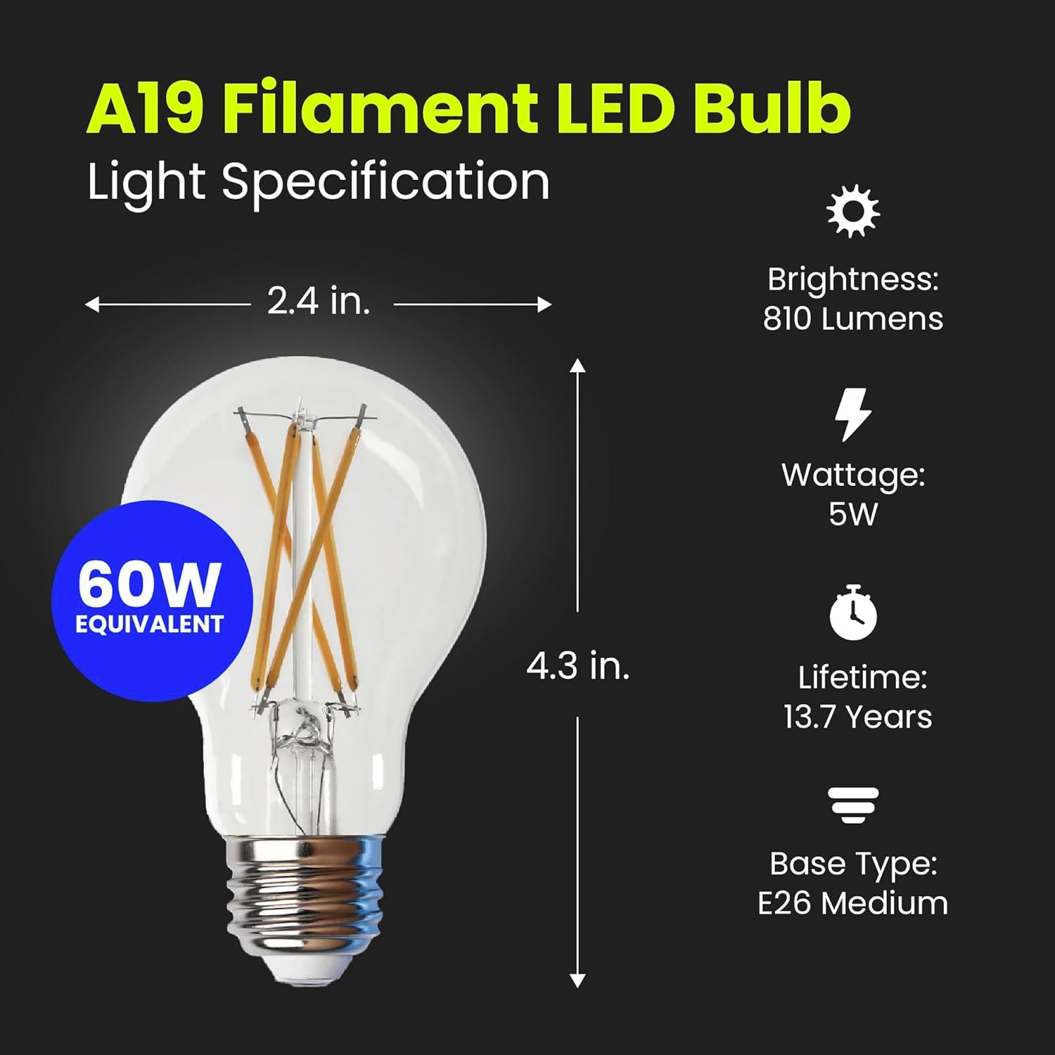 Feit Electric A19 E26 (Medium) Filament LED Bulb Soft White 60 Watt Equivalence 4 pk