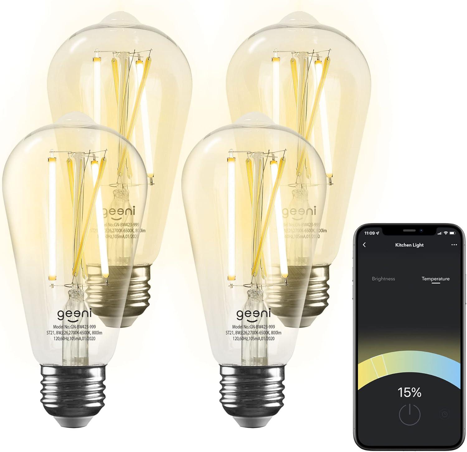 Geeni LUX ST21/E26 Edison Smart WiFi LED Bulb, 8W, Dimmable, Tunable White Light, 4-Pack