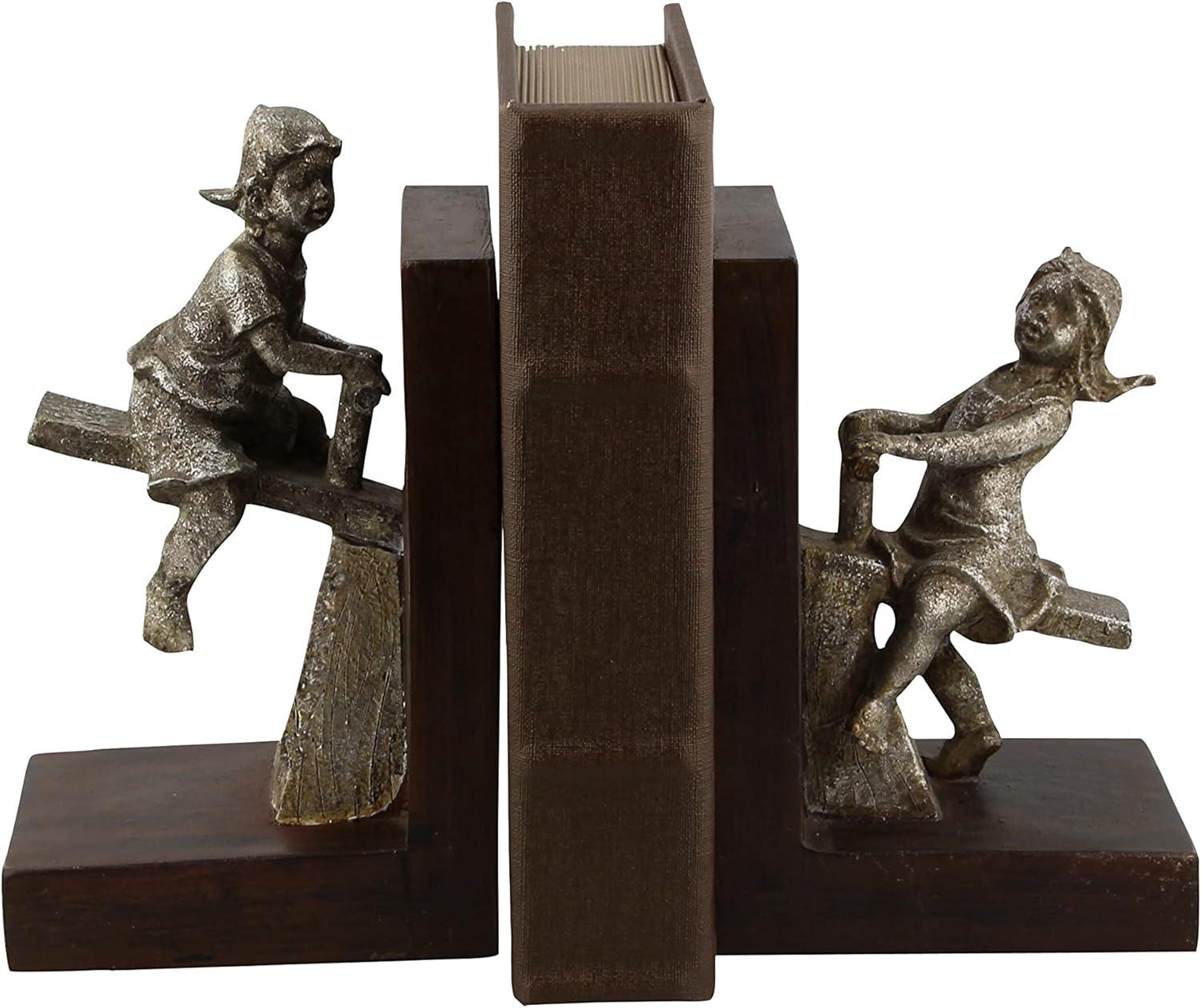 DecMode 4" People Brown Polystone Bookends with Swing Set (Set of 2)
