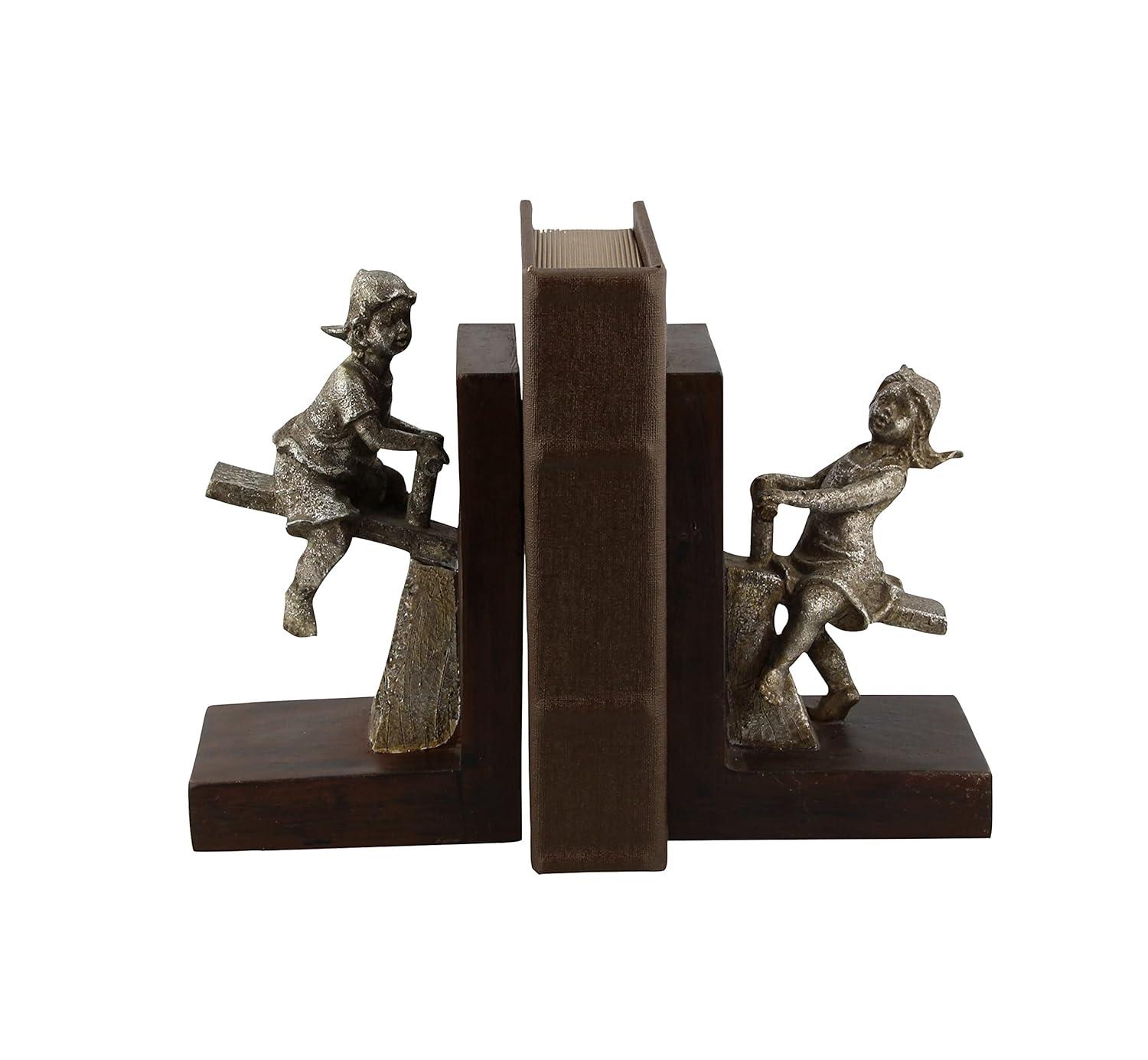 DecMode 4" People Brown Polystone Bookends with Swing Set (Set of 2)