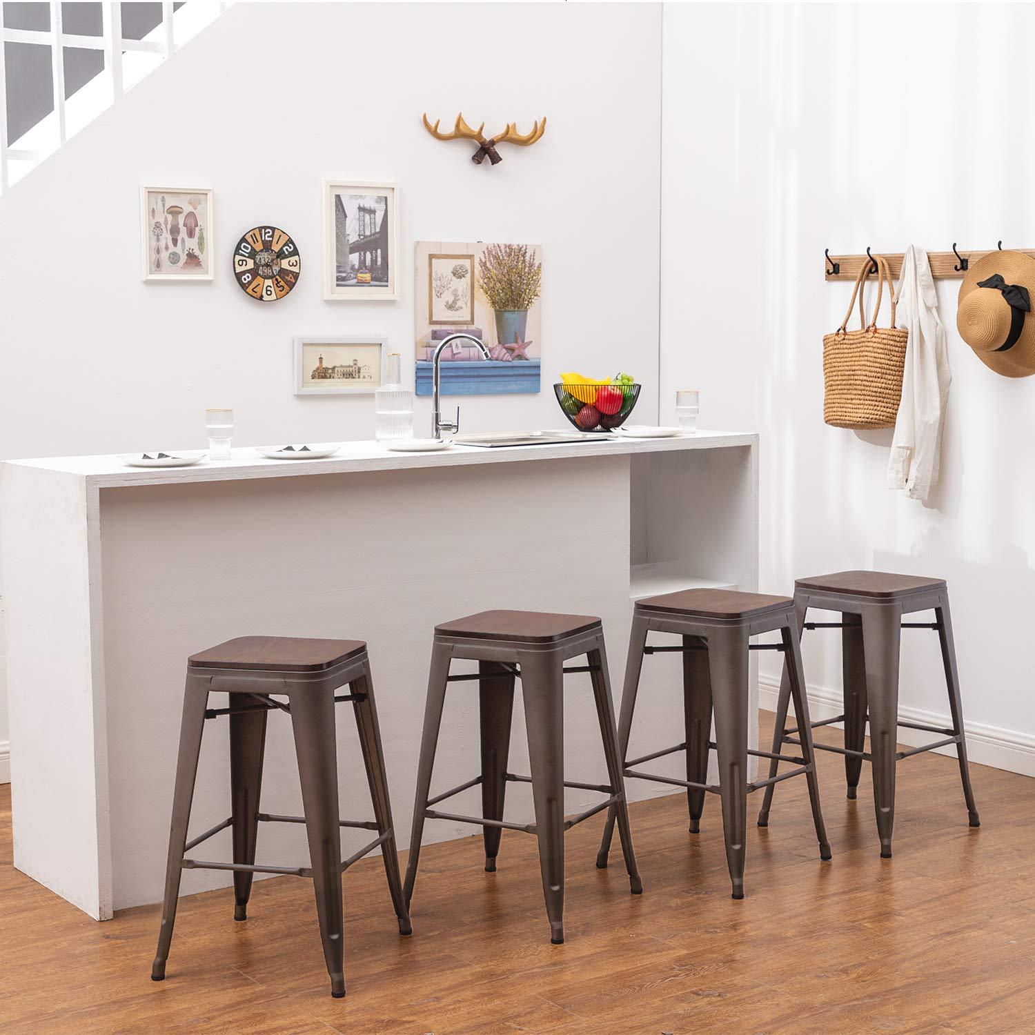 WENTMENT Bar Stools Set of 4 Counter Height Bar Stools Metal Barstools with Removable Back 30" Kitchen Bar Stools with Wooden Seat, Rusty