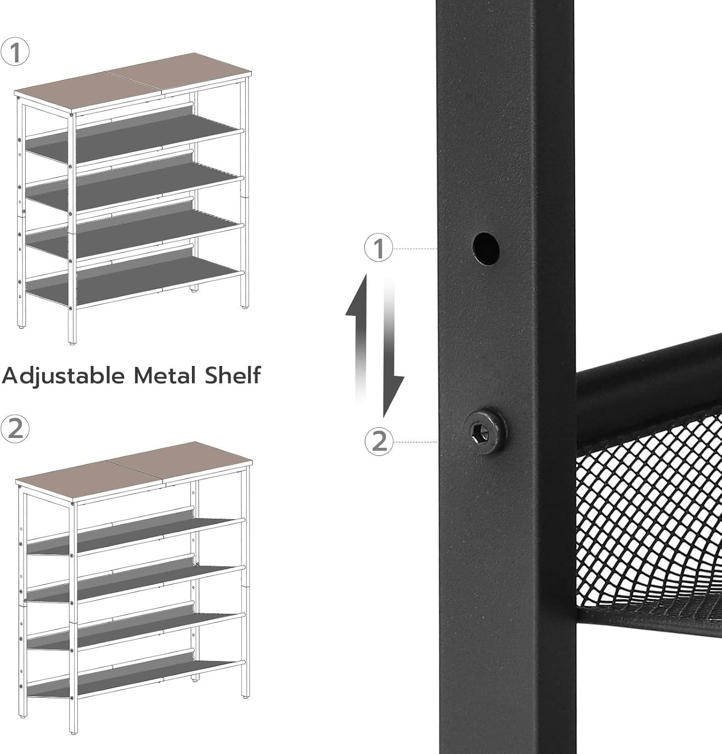 Shoe Rack for Entryway, 5-Tier Shoe Organizer with Adjustable Mesh Shelves, 16-20 Pairs of Shoes, Spacious Floor Mount, Metal, Industrial, Shoe Shelf for Closet, Rustic Brown BF12XJ01