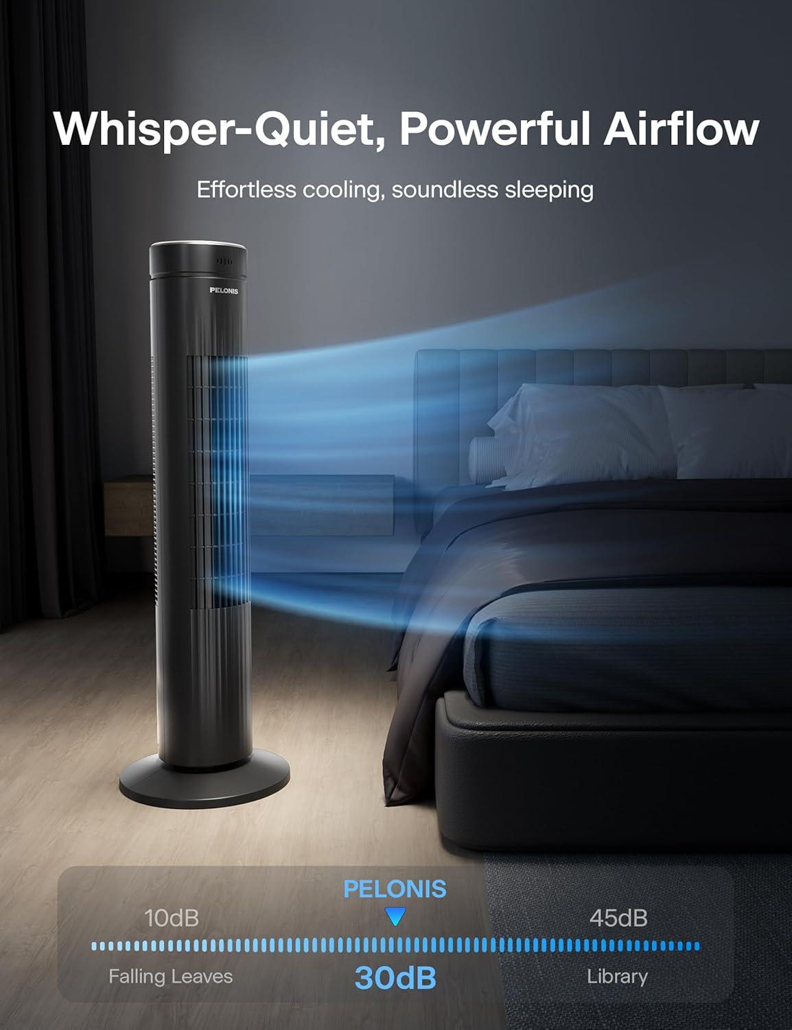 Pelonis 30-Inch Oscillating Tower Fan for Bedroom – 3 Speed, 37dB Quiet Tower Fan with Remote Control and 7-Hour Timer – ETL Certified, Black