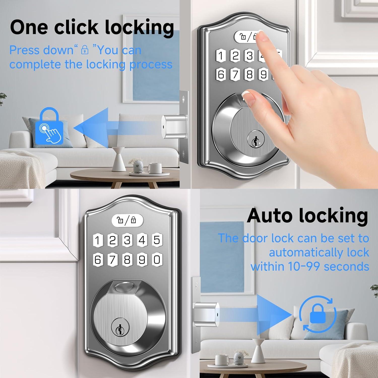 keyless Entry Door Lock deadbolt with Handle Set-Front Smart Door Locks for Front Door-with 2 Lever Handles-Electronic Keypad Code Deadbolt,Fingerprint Door Lock-Auto Lock (Satin Nickel)