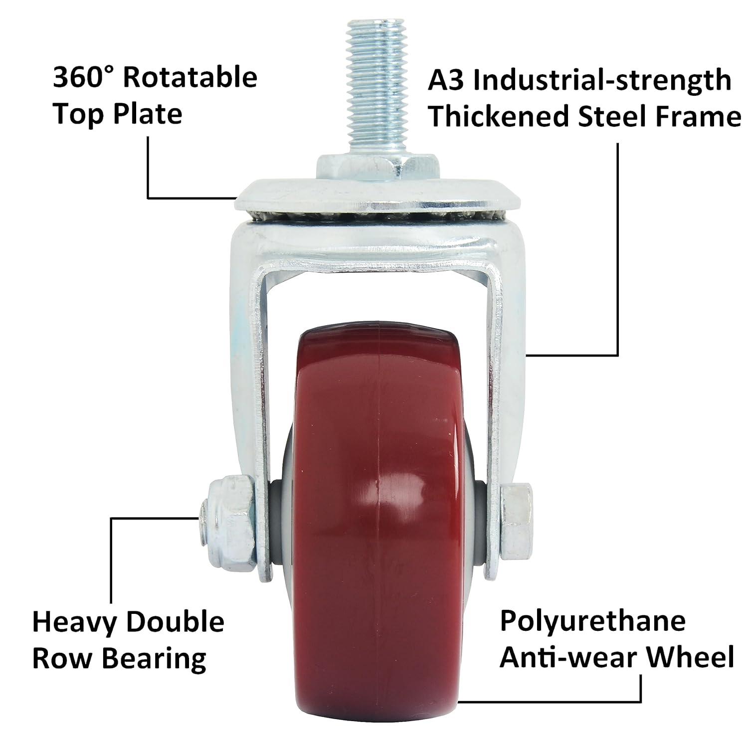 Caster Wheels Set of 4 with Brake Plate Swivel Casters Premium Polyurethane Wheels PU Load Bearing 1,200 Lbs Lockable Anti-wear Smooth Casters Red