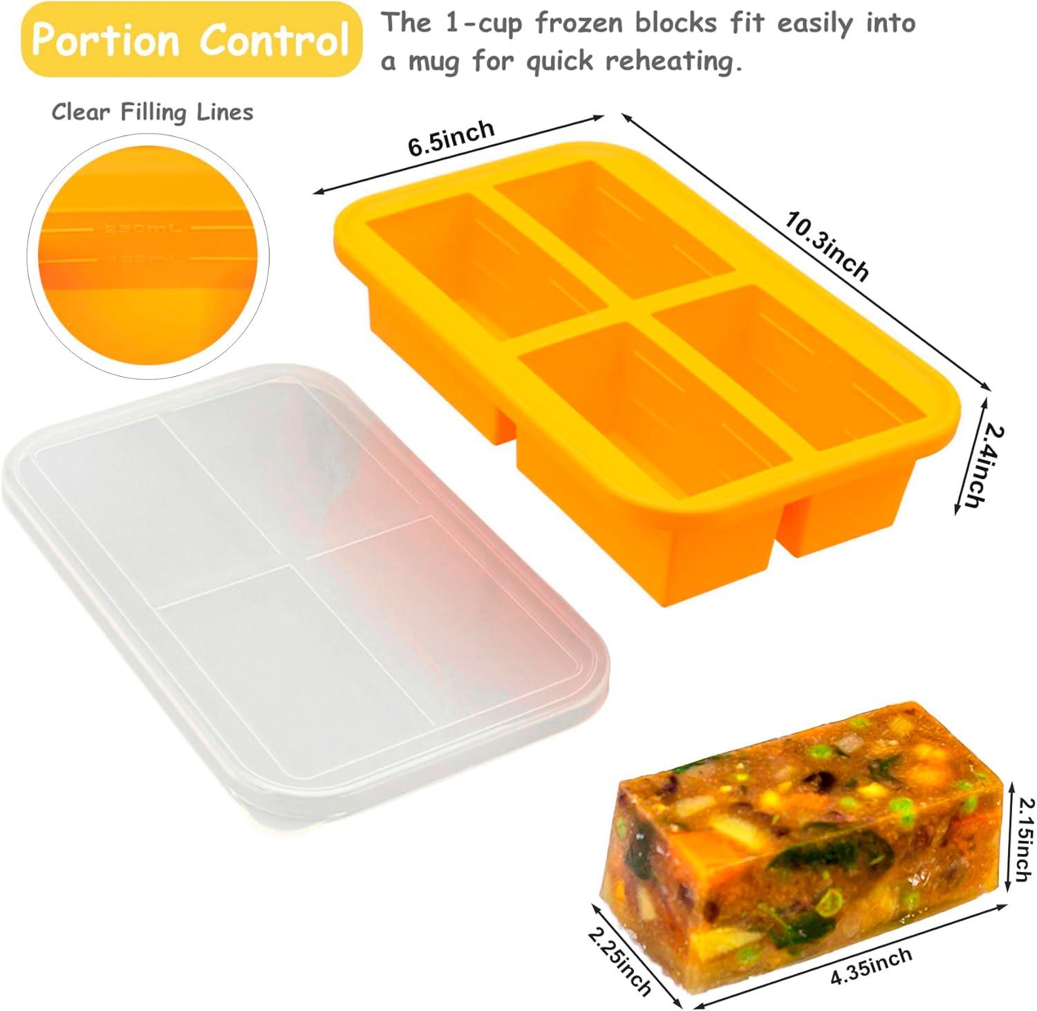 Bangp 1-Cup Silicone Freezer Trays with Lid,2 Pack,Easy-Release Silicone Freezing Tray for Soup Ice Cubes,Soup Freezer Molds,Freeze & Store Broth,Sauce,Leftovers - Makes 8 Perfect 1 Cup Portions