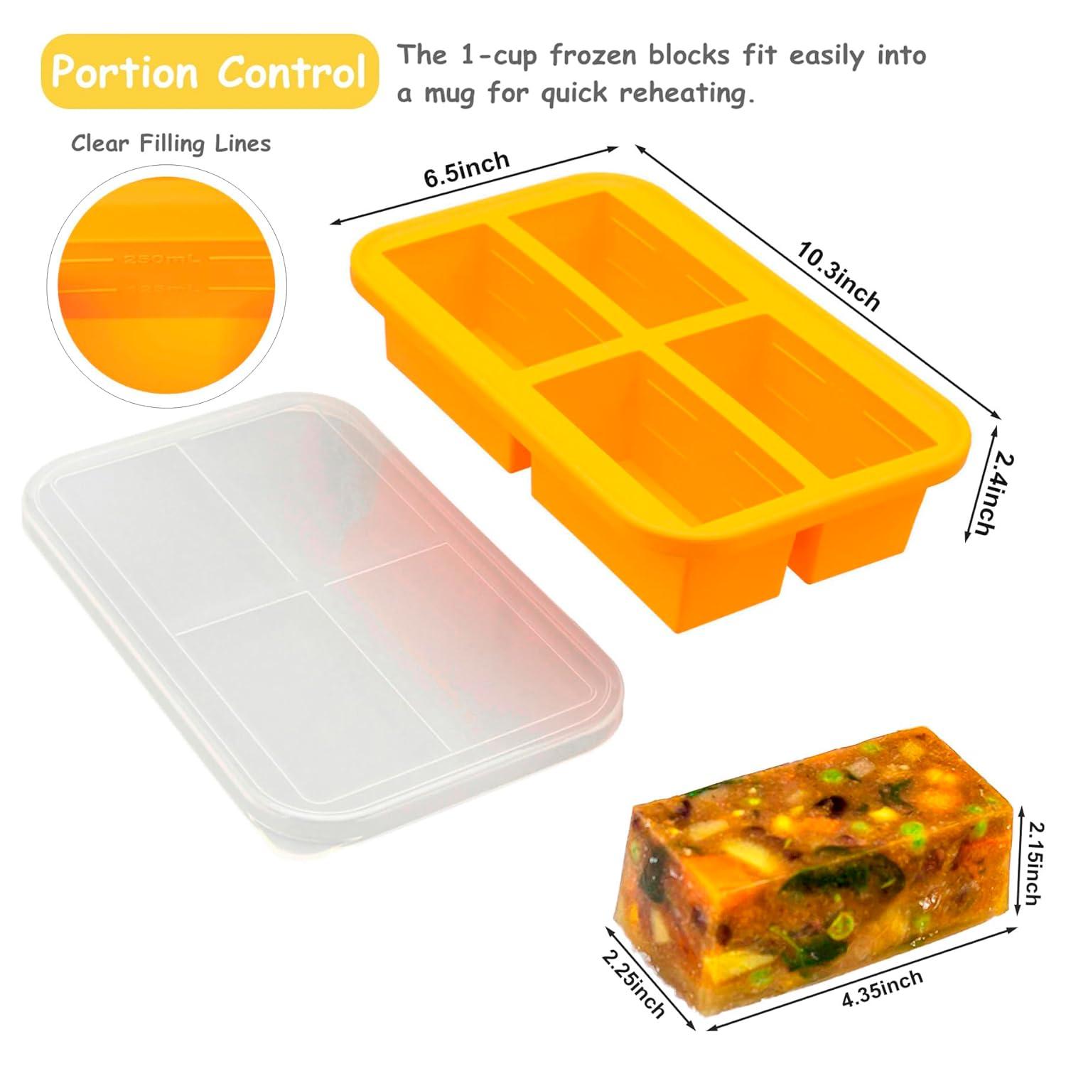 Bangp 1-Cup Silicone Freezer Trays with Lid,2 Pack,Easy-Release Silicone Freezing Tray for Soup Ice Cubes,Soup Freezer Molds,Freeze & Store Broth,Sauce,Leftovers - Makes 8 Perfect 1 Cup Portions