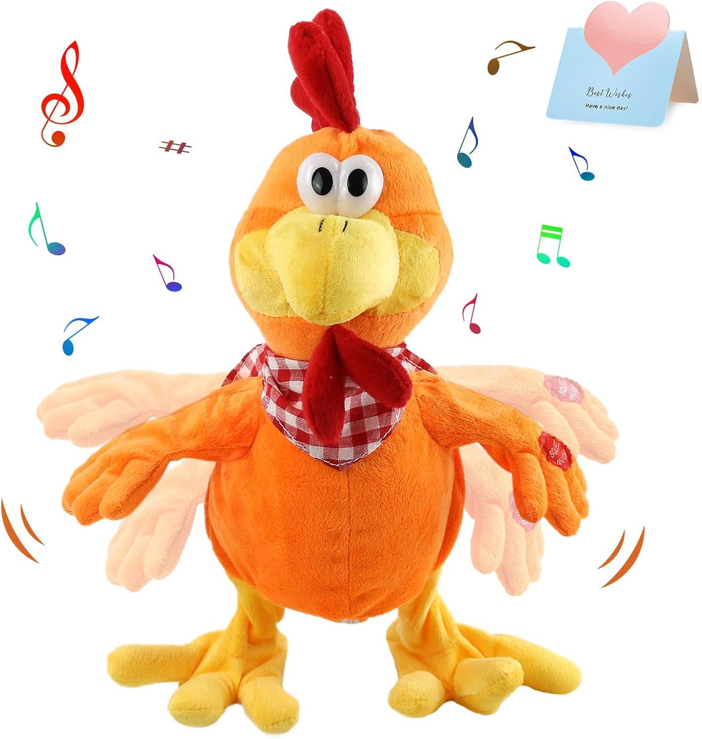 Houwsbaby 15" Electronic Squawking Chicken Toy, Easter Chicken Stuffed Animal Interactive Musical Walking Singing Waving Rooster Plush Toy with Bib Present for Kids Boys Girls Easter Thanksgiving Day