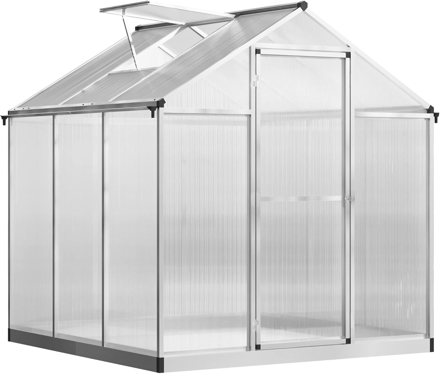 Outsunny Walk-In Polycarbonate Greenhouse with Roof Vent for Ventilation & Rain Gutter, Hobby Greenhouse for Winter