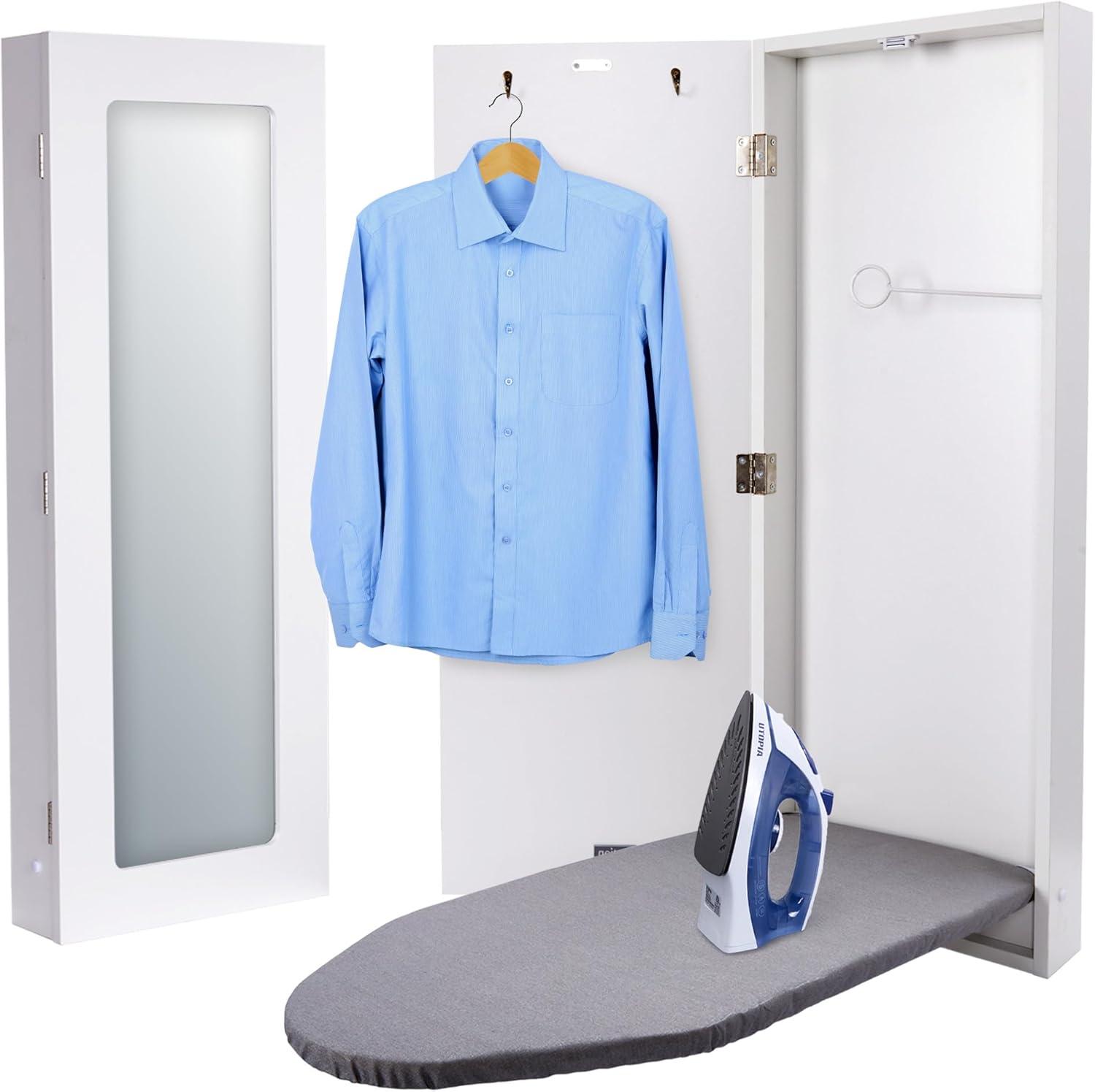 Ivation Ironing Board, Wall Mounted Ironing Board Cabinet W/Left Side Door, Mirror & Lever, White