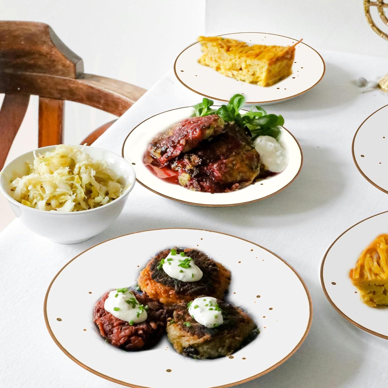 Glossy White and Brown Porcelain Dinner Plates Set of 6