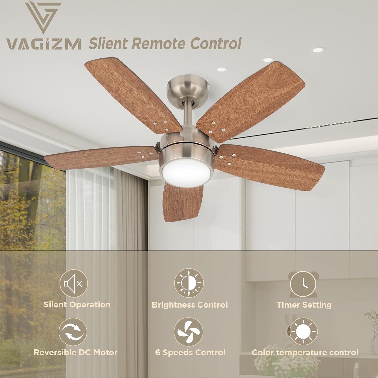 36 Inch Ceiling Fan with Light and remote for Kitchen Kids Room Doem Room(Brushed Nickel+Walnut)