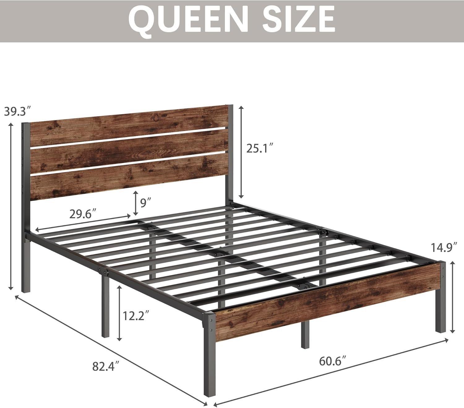 U-SHARE Queen Bed Frame with Headboard and Footboard, with Under Bed Storage, All-Metal Support System, No Box Spring Needed, Easy Assembly,Rustic Brown