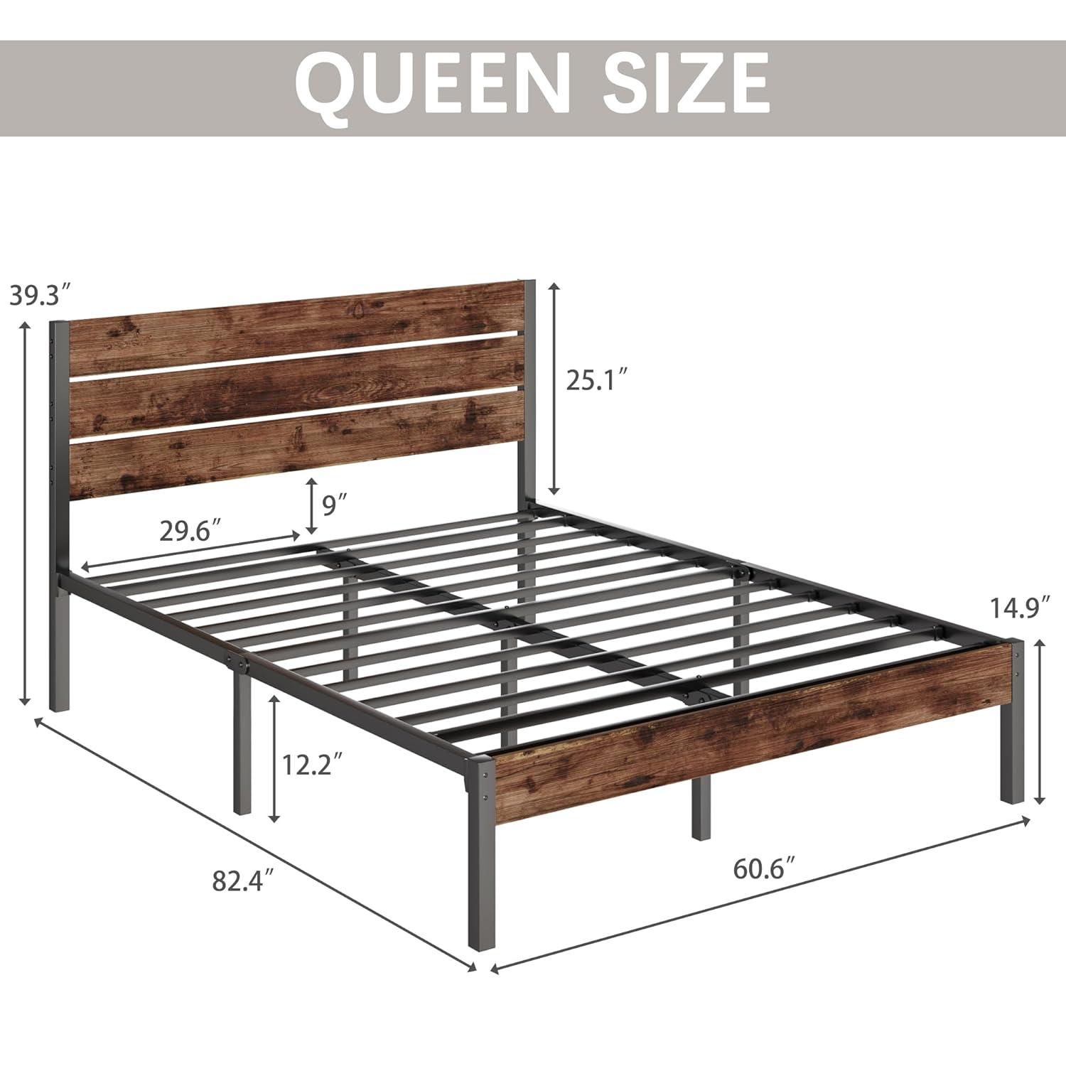 U-SHARE Queen Bed Frame with Headboard and Footboard, with Under Bed Storage, All-Metal Support System, No Box Spring Needed, Easy Assembly,Rustic Brown