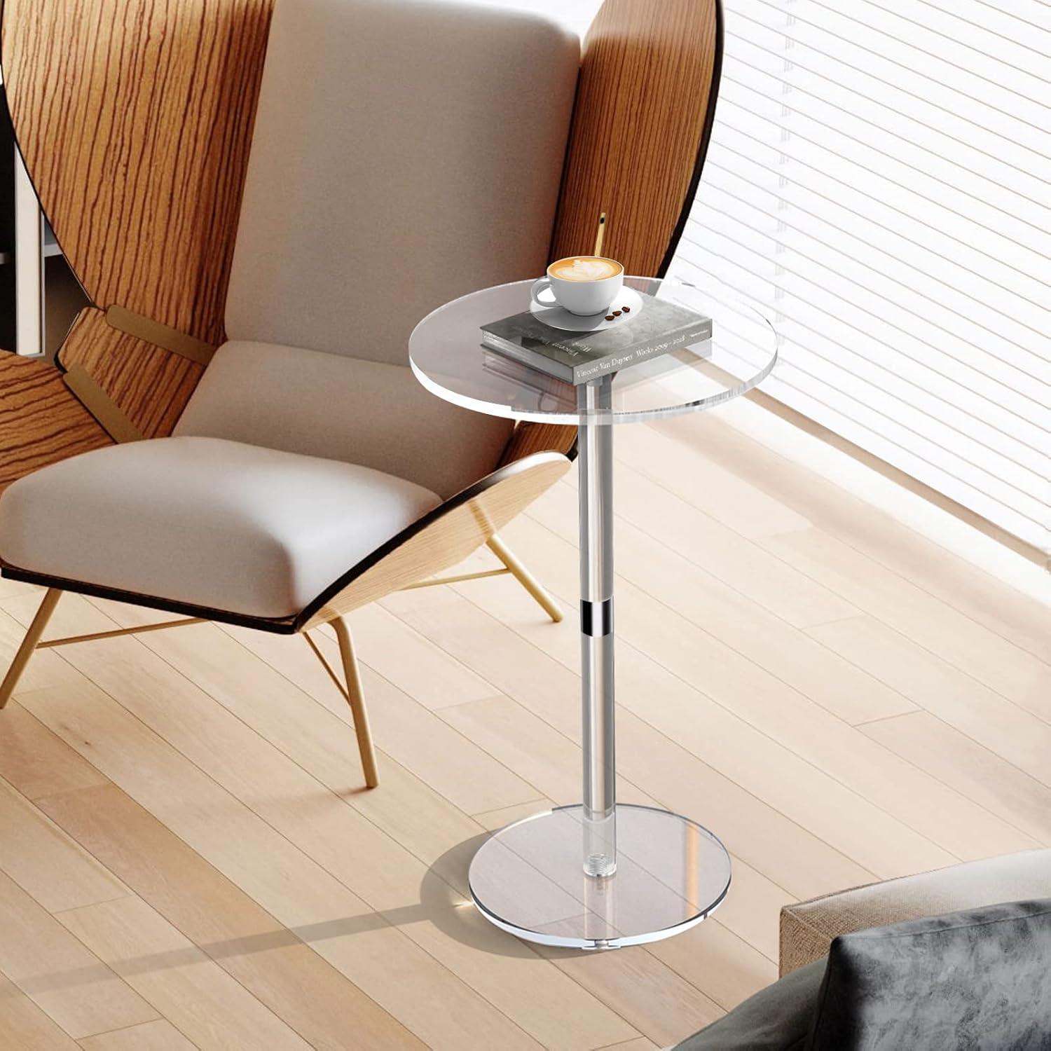 Acrylic End Table, Clear Side Tables for Small Space, 9.8" Round Modern Drink Table for Living Room, Bedroom, Bathroom, Office, Outdoor, Business, Sturdy and Easy to Install