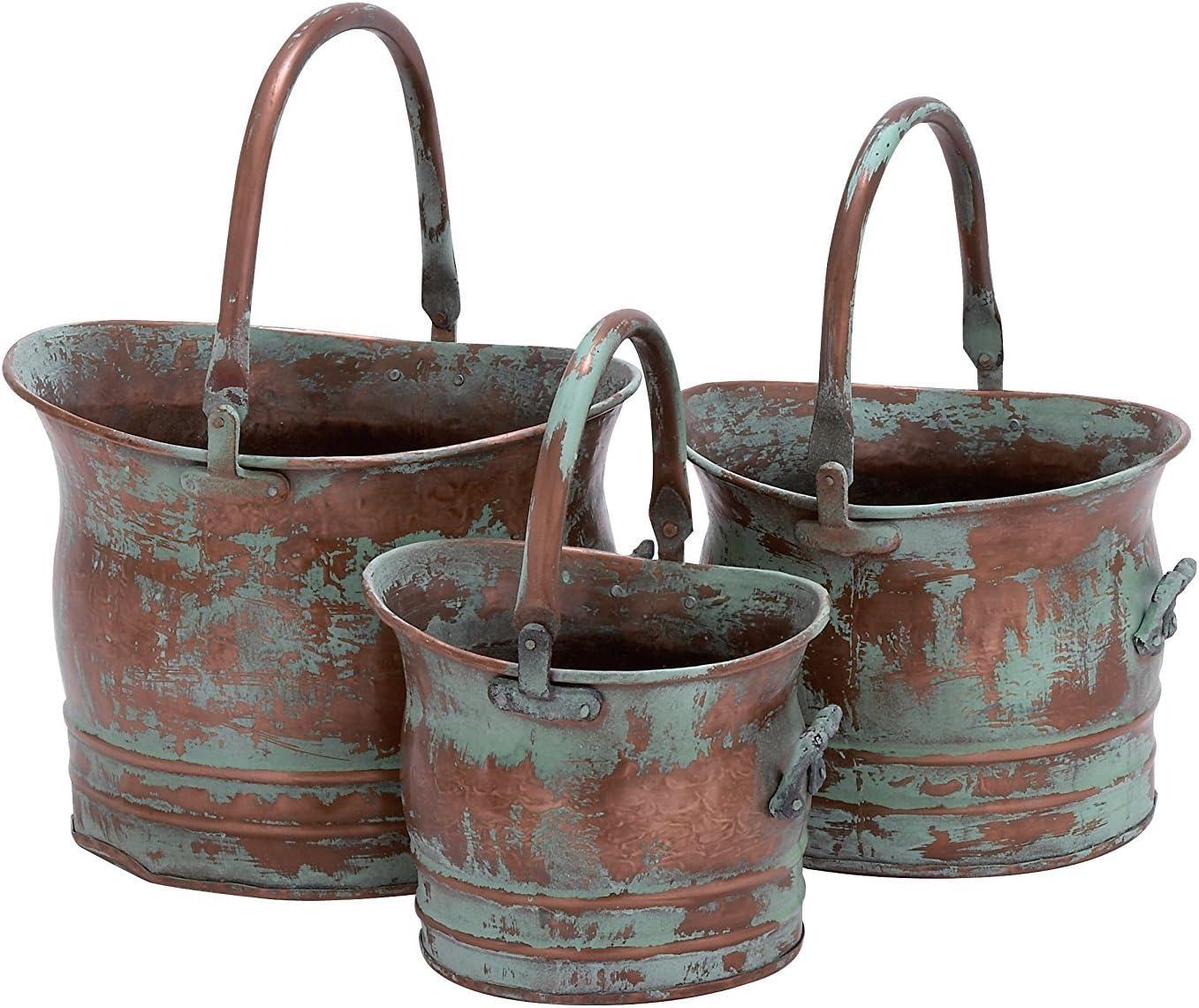 Green Tinged Metal Bucket Planter With Handles, Set of 3