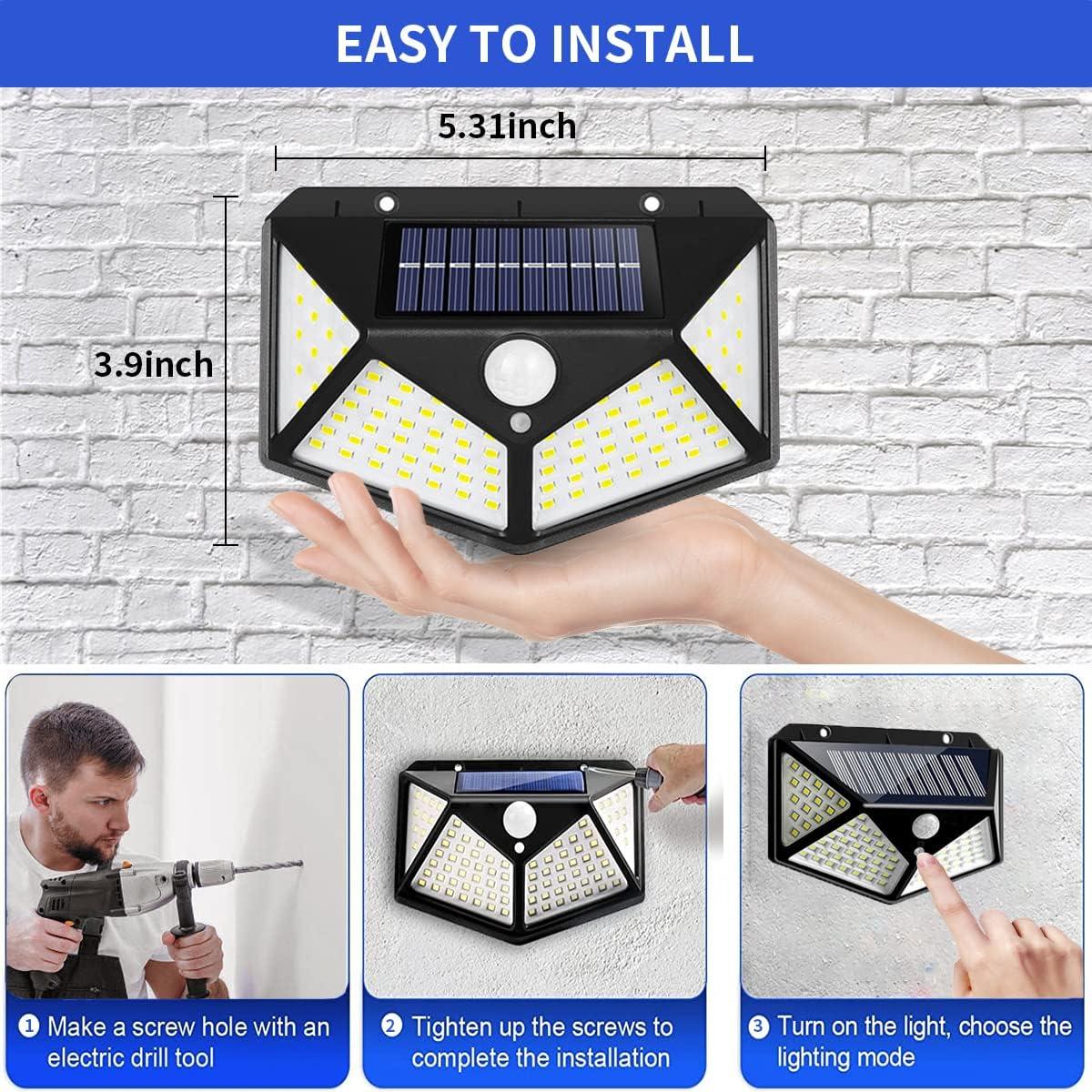 Outdoor Solar Light 2 Pack 100 LED 3 Motion Sensor Working Modes 270° Lighting Angle Upgraded Solar Powered Wall Light Security Lights