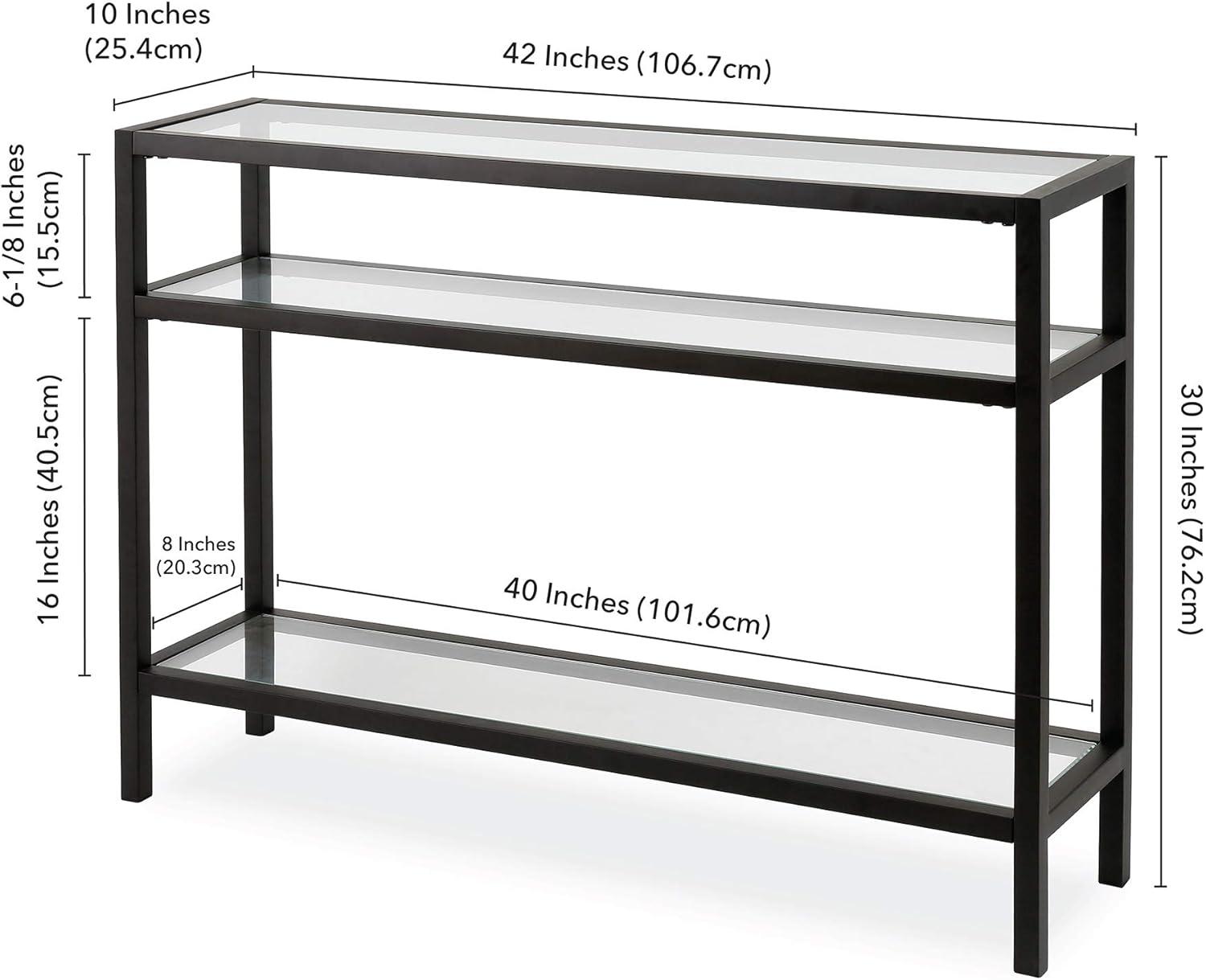 Modern Industrial Blackened Bronze Console Table with Tempered Glass Shelves