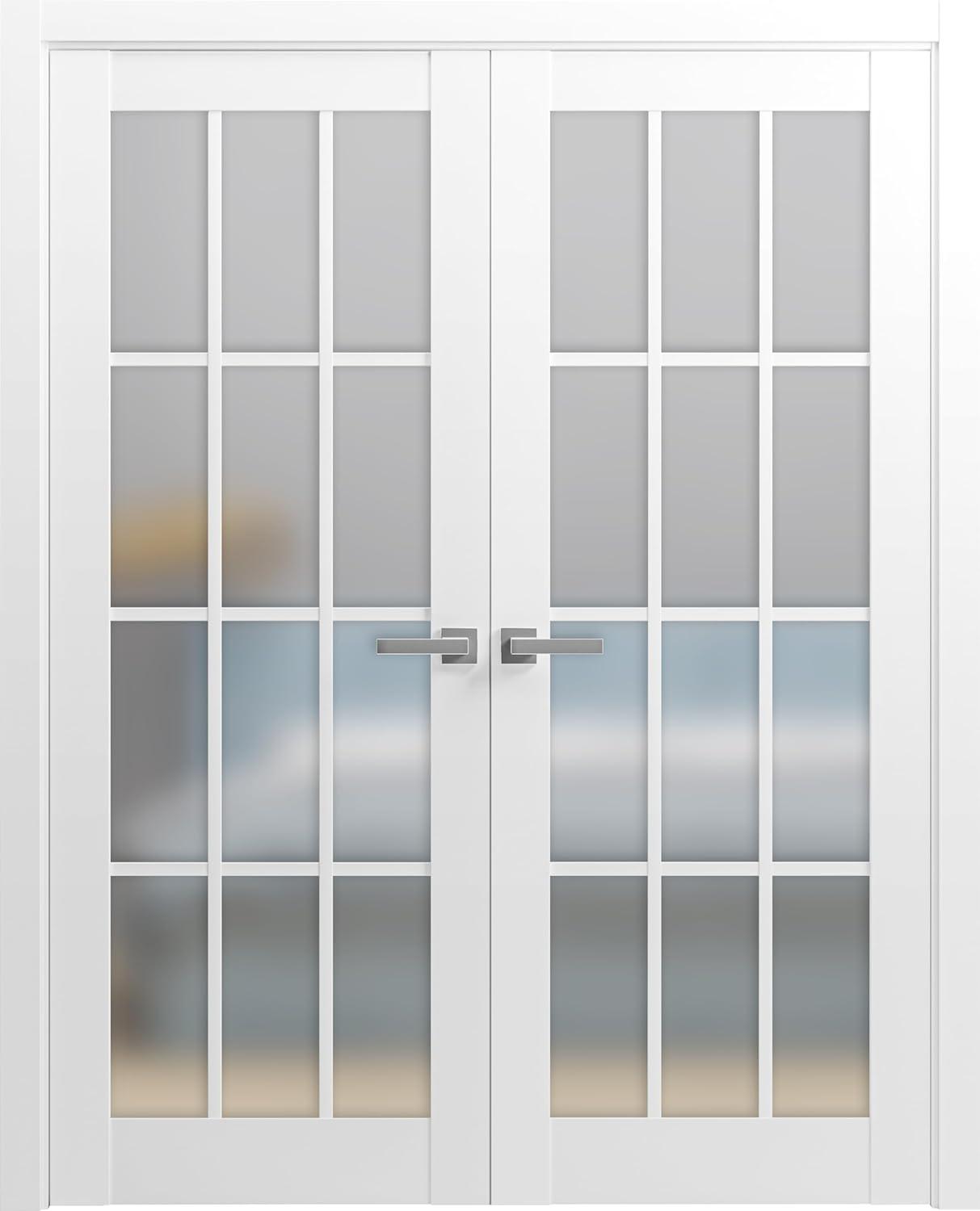 Matte White Frosted Glass French Double Doors with Solid Pine Frame