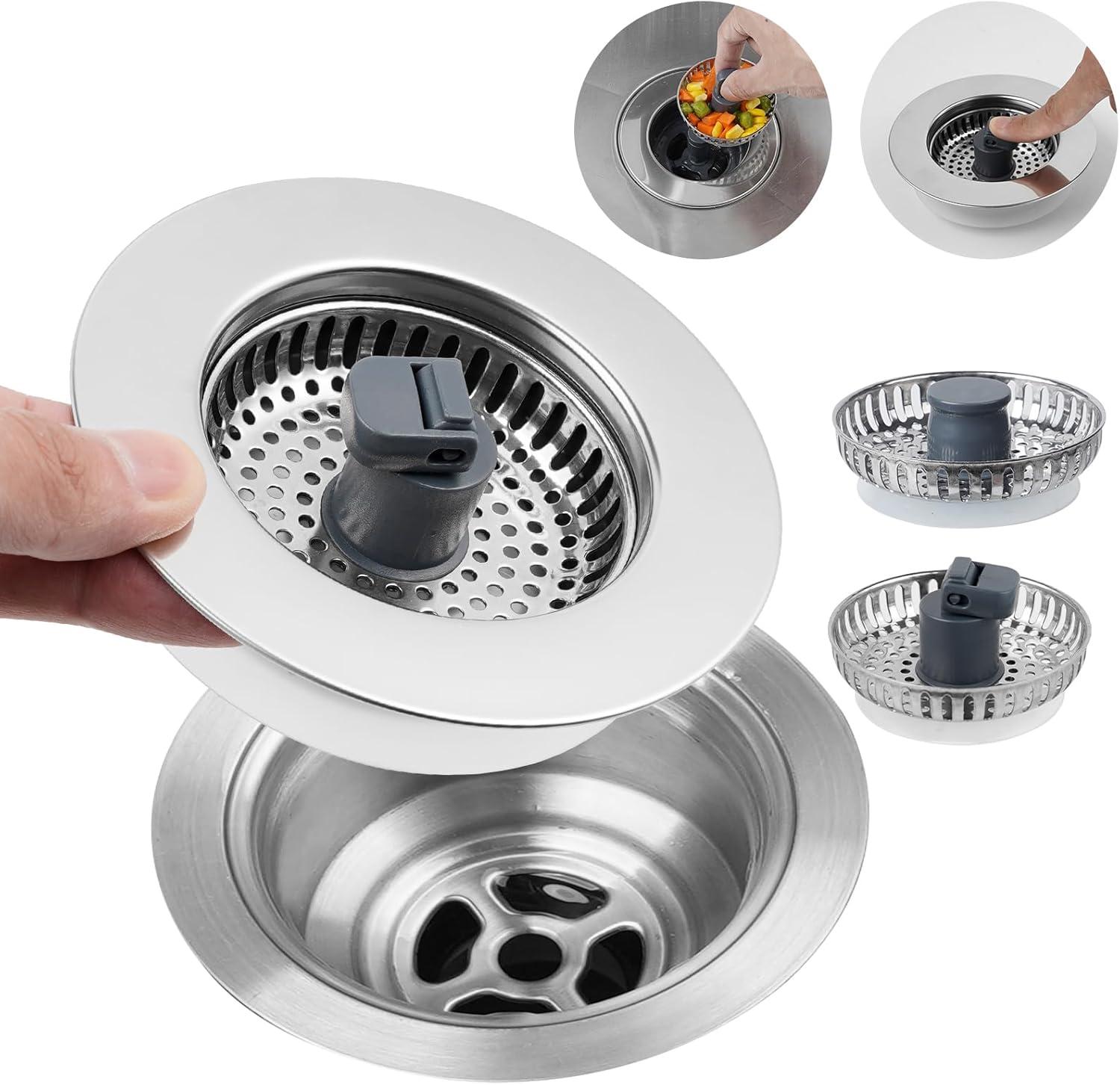 Hibbent 3-in-1 Kitchen Sink Drain Strainer  Stopper , Stainless Steel Pop-Up Design, Anti-Clogging Metal Basket with Handle, Compatible with US Standard 3-1/2" Drain