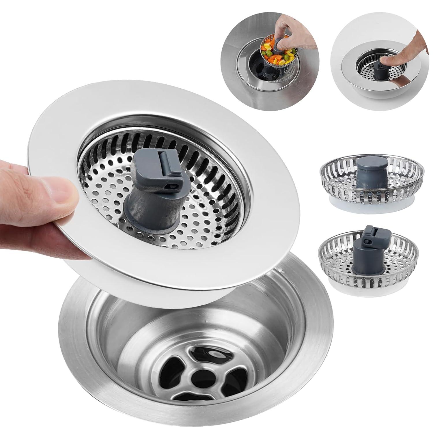 Hibbent 3-in-1 Kitchen Sink Drain Strainer  Stopper , Stainless Steel Pop-Up Design, Anti-Clogging Metal Basket with Handle, Compatible with US Standard 3-1/2" Drain