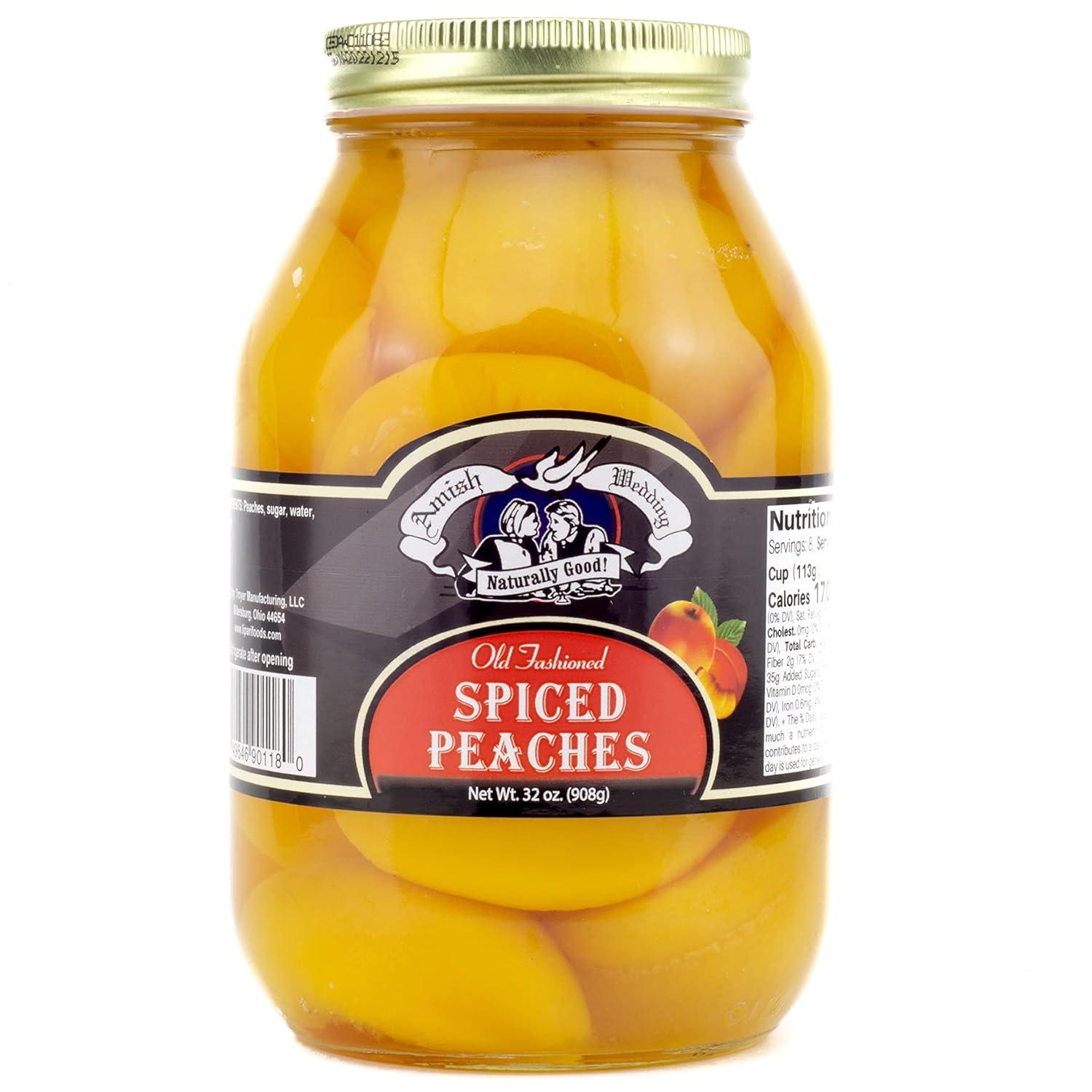 Amish Wedding Ready to Eat Peaches, USA Made 32 ounce Glass Jar, No Preservatives, Spiced Flavor