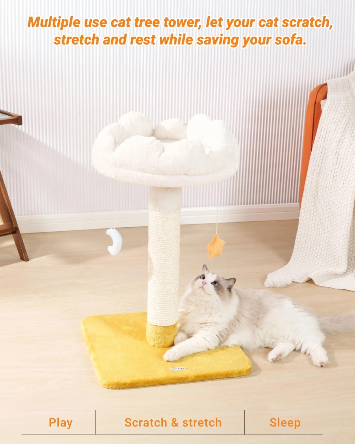 Happi N Pets 28" Large Cloud Cat Scratching Post with Bed(Ø15.3in), Cat Tree Tower for Indoor Cats, Tall Scratch Post with Natural Sisal Ropes & Soft Plush Perch, Removable Cover & Enhanced Base