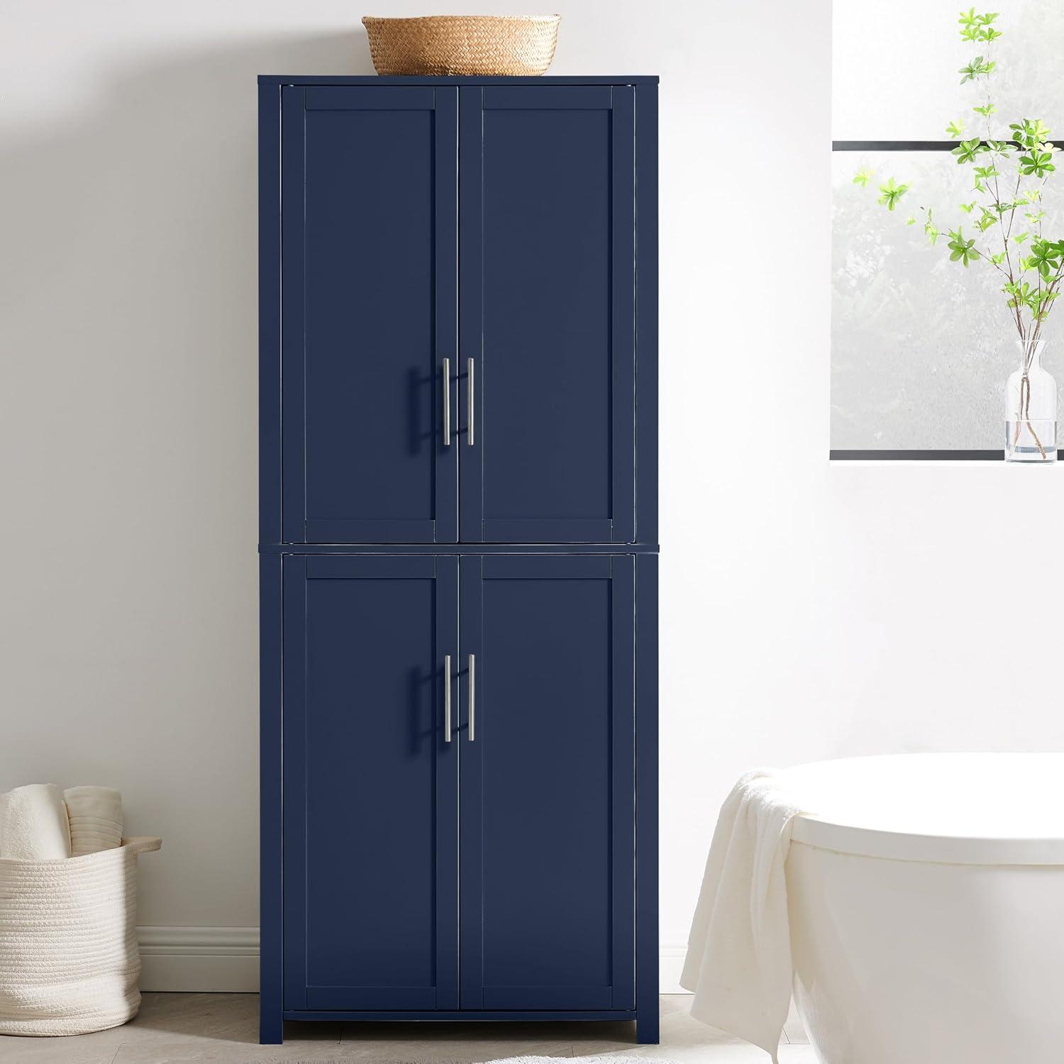 Crosley 67" Savannah Tall Kitchen Storage Pantry Navy: Traditional Farmhouse Design, Wood Veneer, MDF Frame, 3 Adjustable Shelves