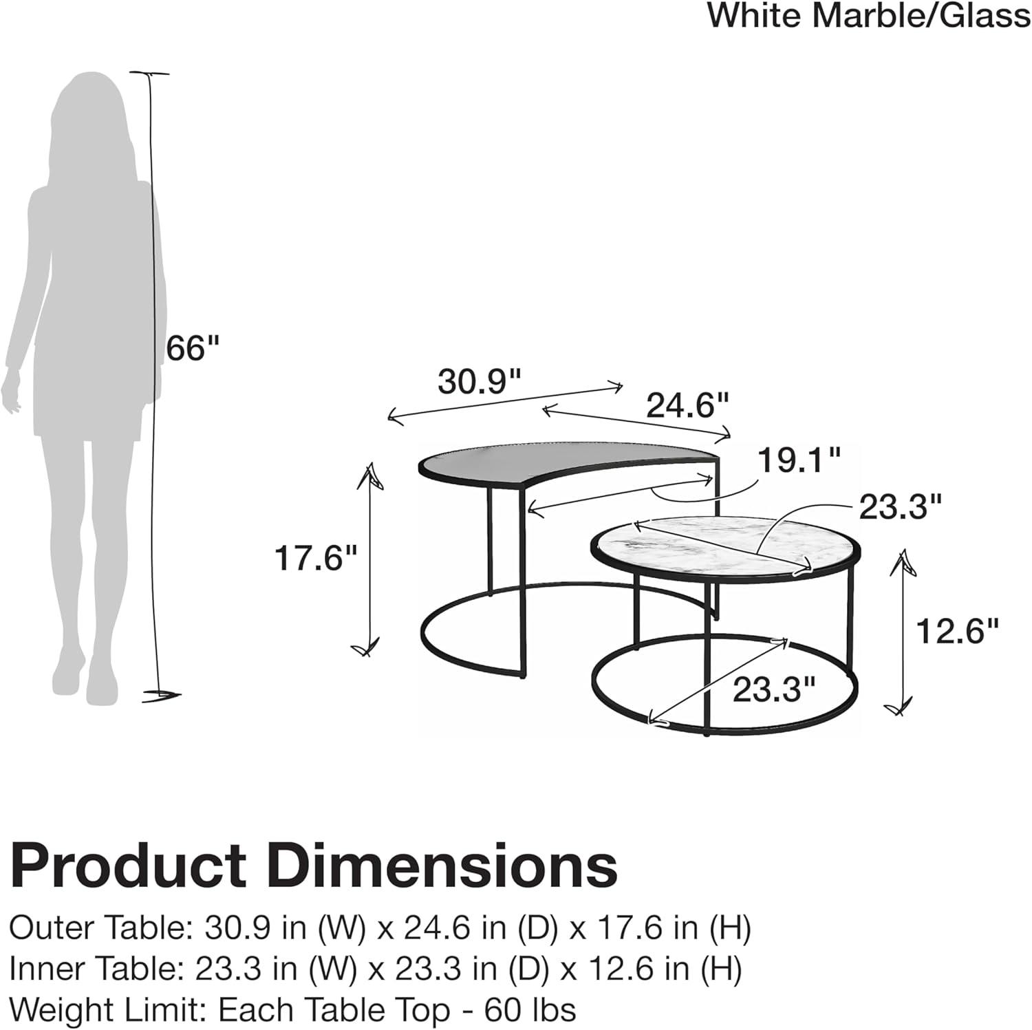 Lunar Crescent 34'' White Marble and Glass Nesting Coffee Tables