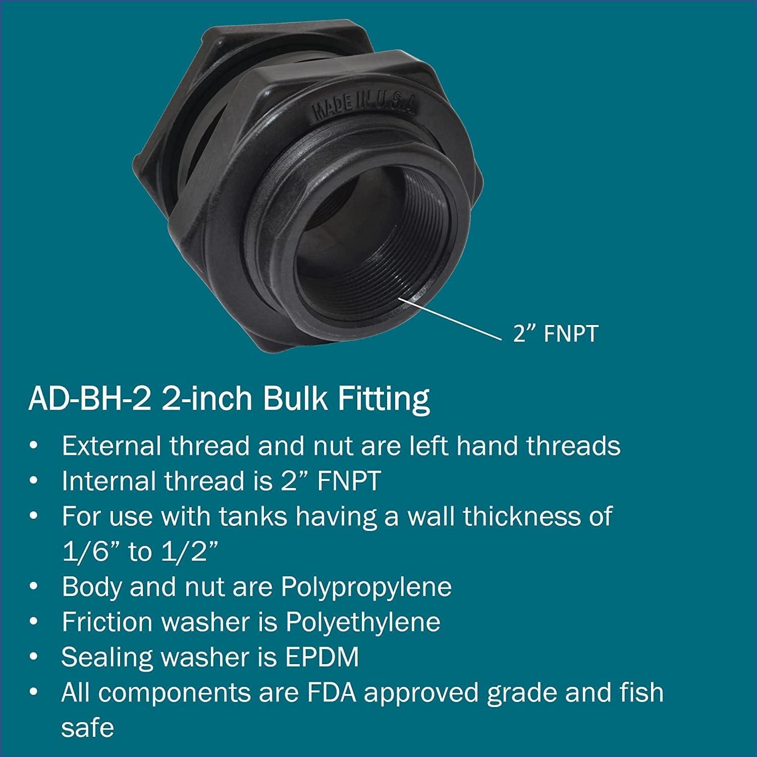 Black ABS 2-Inch FNPT Bulkhead Fitting Adapter