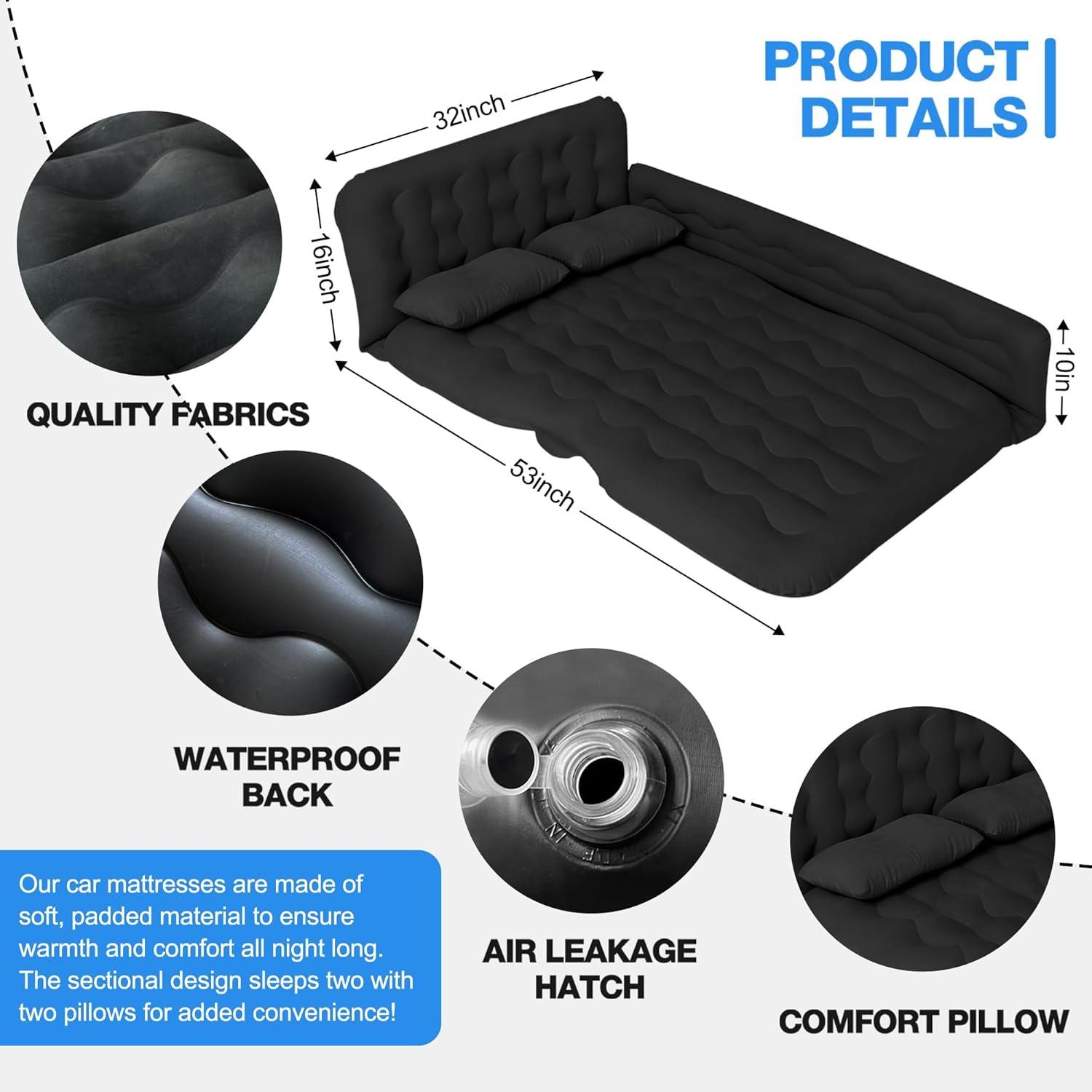 Black Inflatable Car Camping Air Mattress with Pump