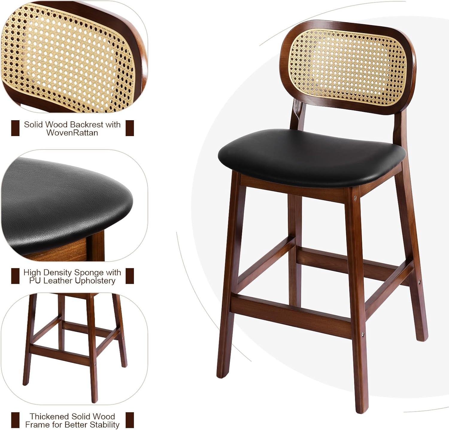 Lucky Monet Wood Upholstered Counter Height Bar Stools with Rattan Back - 36.81"H x 17.72"W x 18.7"D Set of 2 - White Faux Leather/ Brown Frame