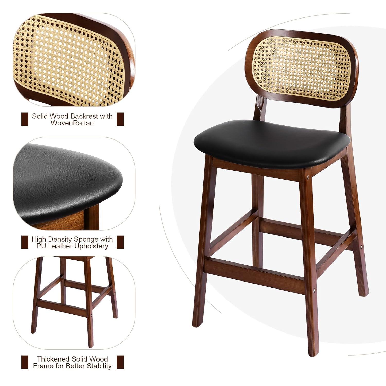 Lucky Monet Wood Upholstered Counter Height Bar Stools with Rattan Back - 36.81"H x 17.72"W x 18.7"D Set of 2 - White Faux Leather/ Brown Frame