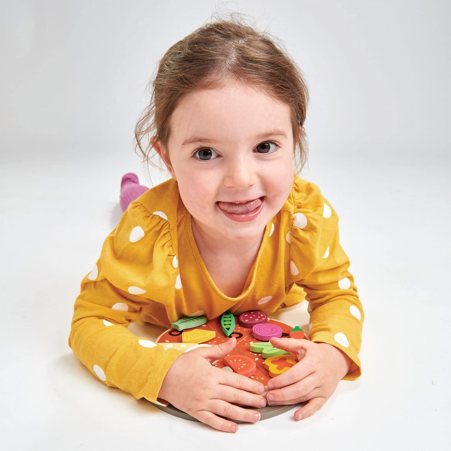 Tender Leaf Toys - Pizza Party - 6 Slices of Realistic Pizza Toy Set with 12 Different Toppings, Kraft Card Take-Out Box Included - Pretend Play Food for Kids - 3+