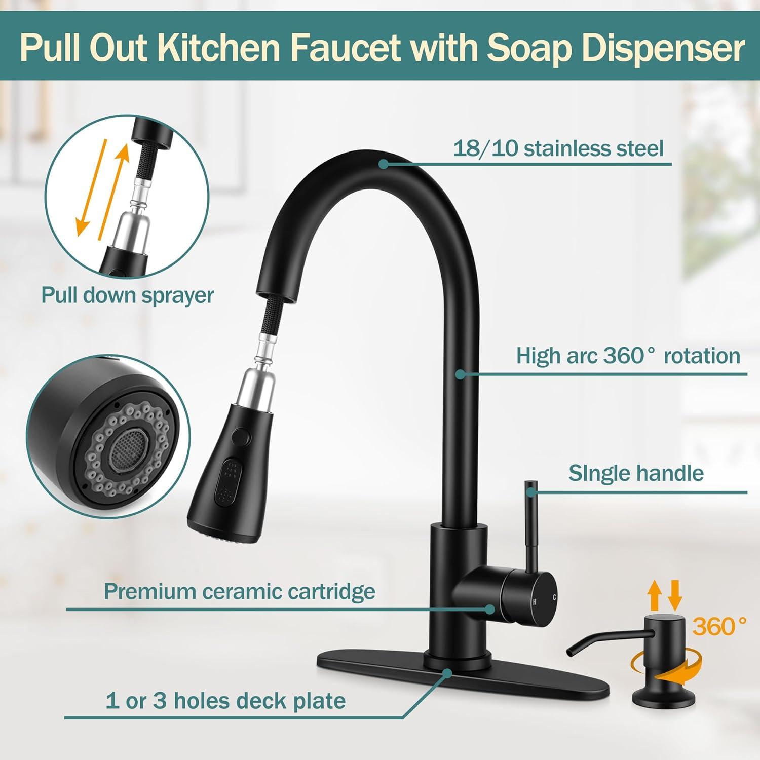 Matte Black Stainless Steel Pull-Down Kitchen Faucet with Soap Dispenser