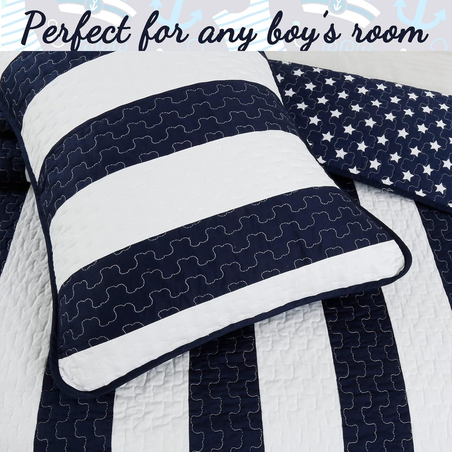 Navy Blue and White Striped Microfiber King Quilt Set
