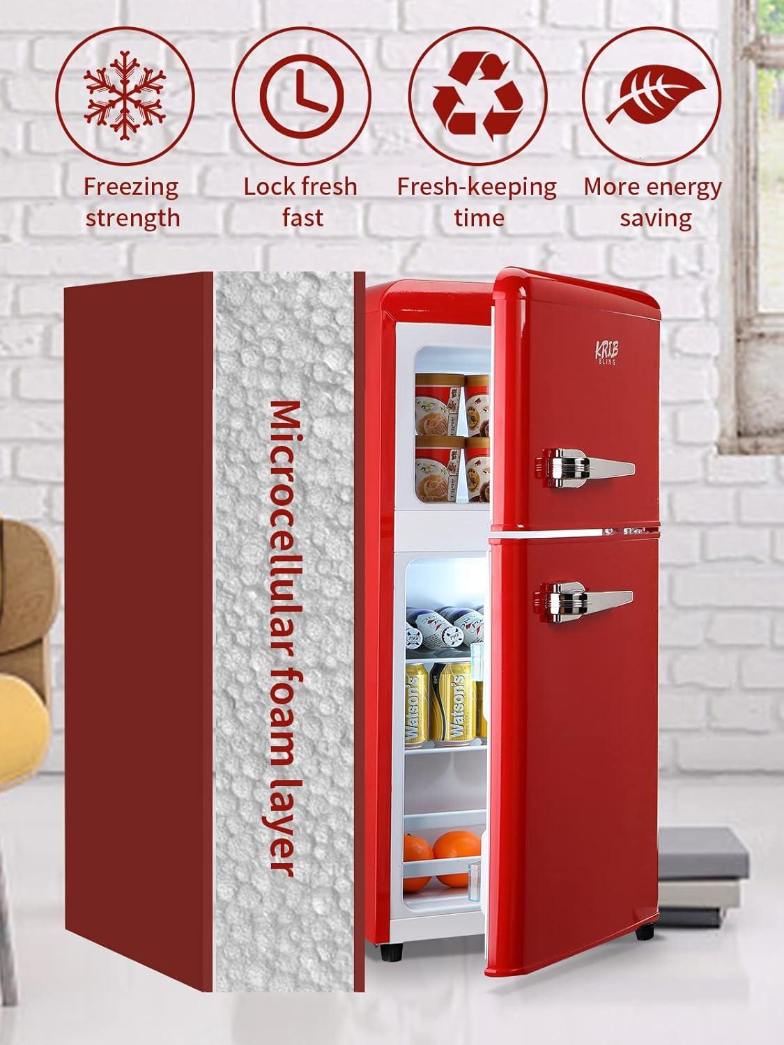 Krib Bling 3.5Cu.ft Compact Refrigerator with 7 Level Thermostat, Mini Fridge with Freezer, 2 Door Portable Fridge with Removable Glass Shelves, Suitable for Kitchen, Apartment, Dorm, Bar Red