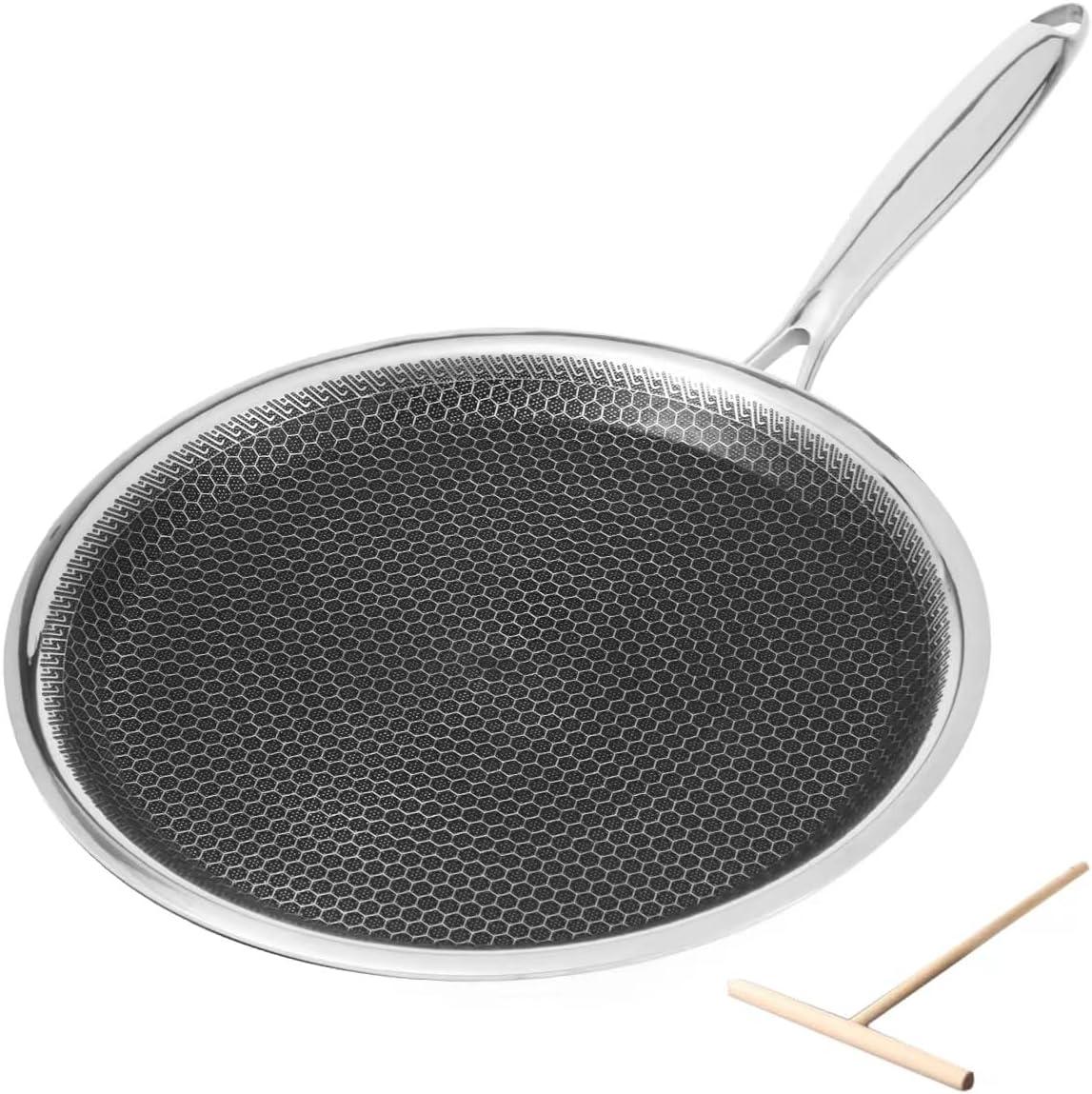 Innerwell 11'' Stainless Stee Nonstick Crepe Panl Honeycomb Coating Flat Skillet Tawa Dosa Tortilla Pan PFOA-Free,Omelet Pan with All Stove Tops Available