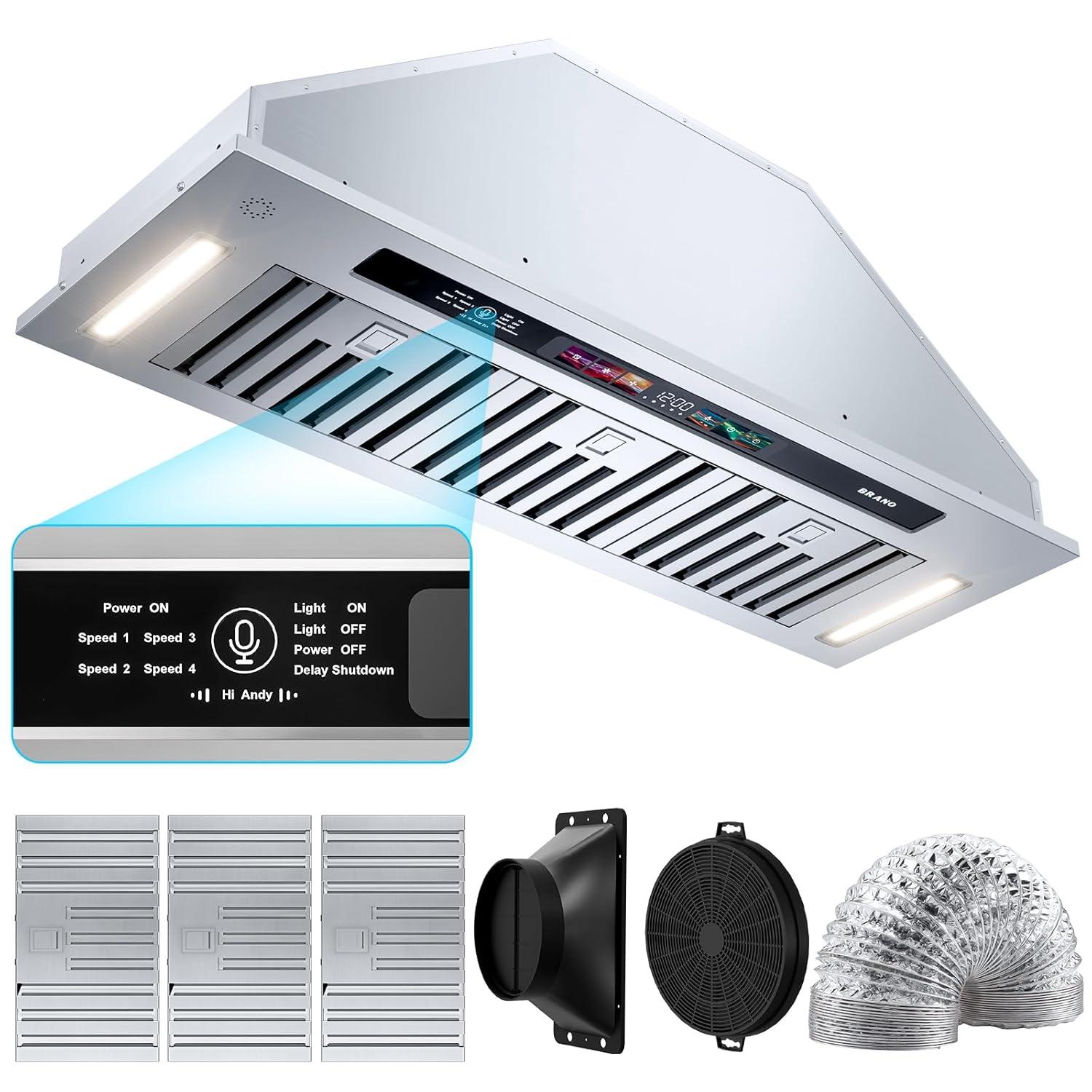 36 in. 900 CFM Convertible Insert Range Hood Stainless Steel with Charcoal Filter Voice/Gesture/Touch Control