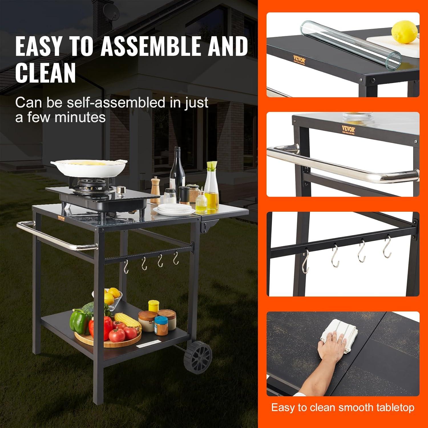 Black Iron Double-Shelf Outdoor Grill Dining Cart with Wheels