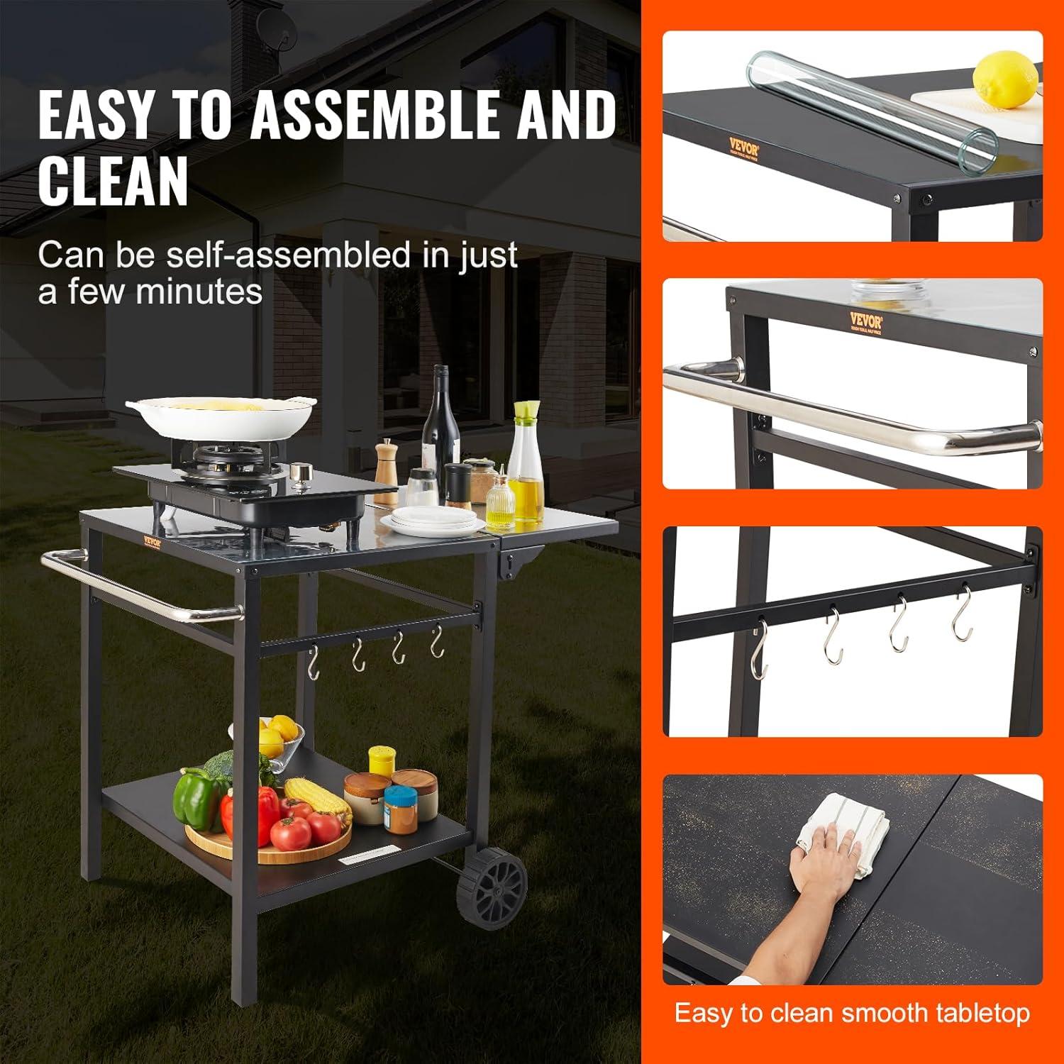 VEVOR Outdoor Grill Dining Cart with Double-Shelf, BBQ Movable Food Prep Table, Multifunctional Iron Table Top, Portable Modular Carts for Pizza Oven