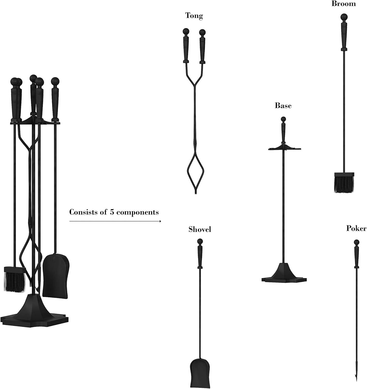 Black Wrought Iron 5-Piece Fireplace Tool Set with Stand